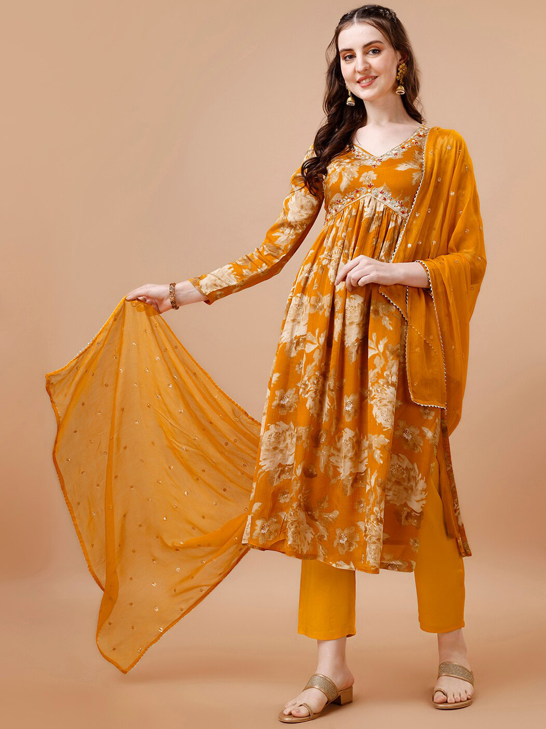 

Seerat Floral Printed Sequinned Silk Chiffon A Line Kurti With Trousers & Dupatta, Mustard