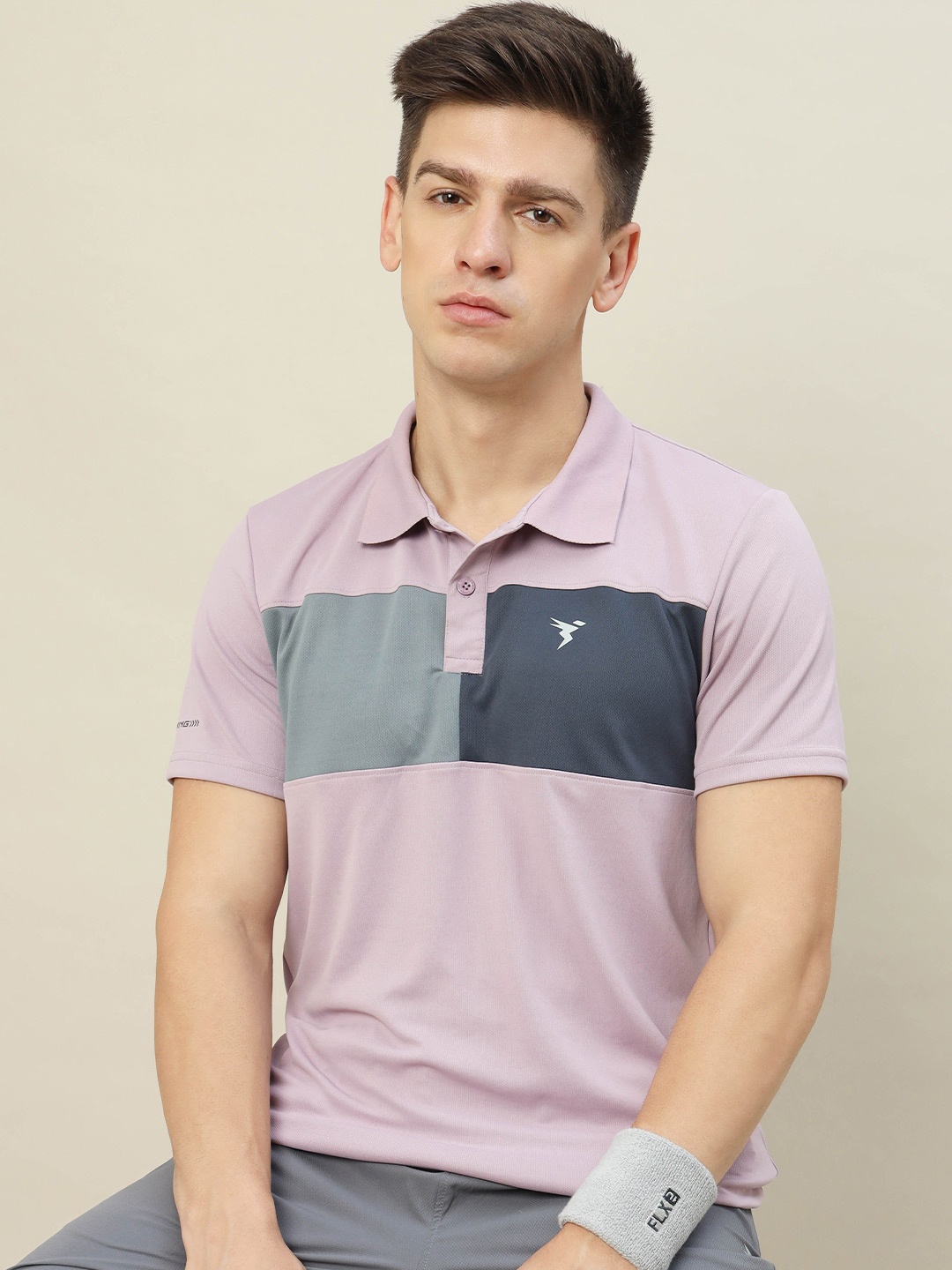 

Technosport Colourblocked Polo Collar Antimicrobial Cotton Slim Fit T-shirt, Pink