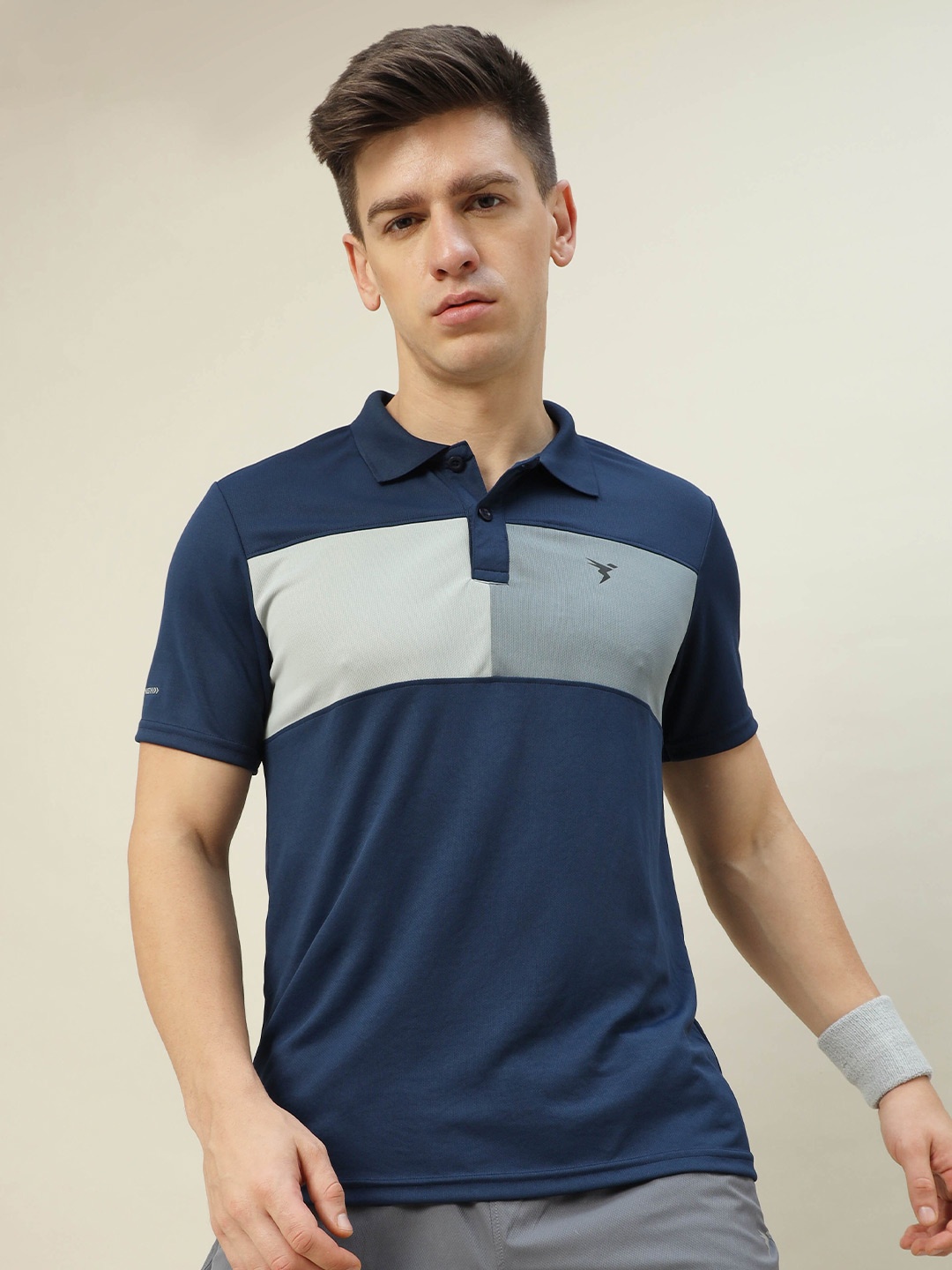 

Technosport Colourblocked Polo Collar Antimicrobial Slim Fit Sports T-shirt, Navy blue