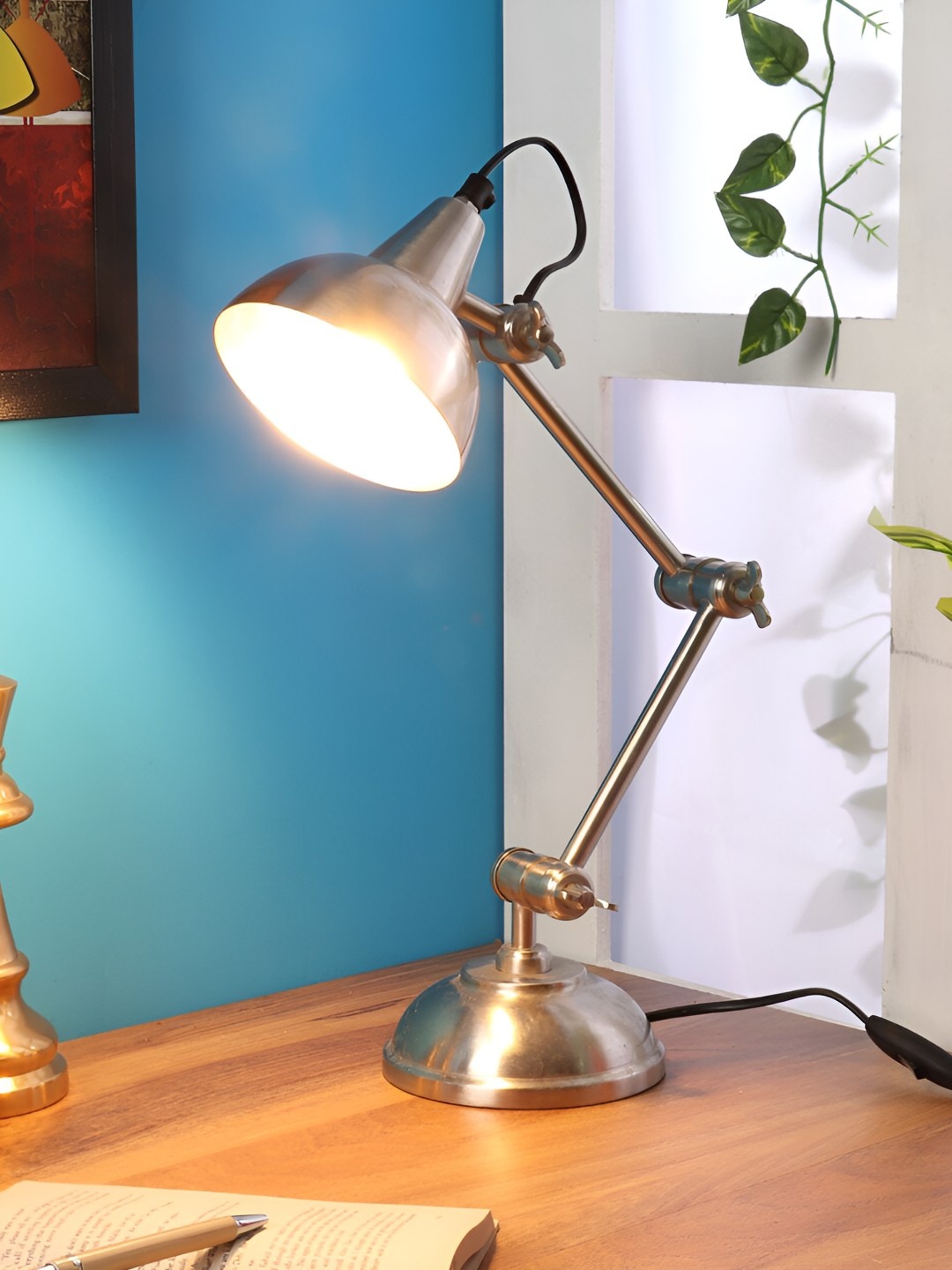 Decor de Maison Silver-Toned Metal Triple Adjustable Contemporary Table Lamp