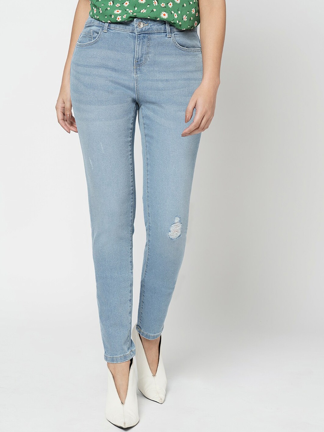 

Vero Moda Women Skinny Fit High-Rise Low Distressed Light Fade Stretchable Jeans, Blue