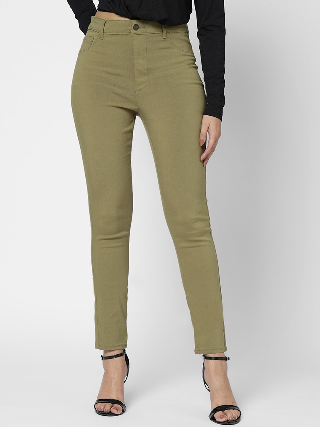 

Vero Moda Women Olive Green Skinny Fit Clean Look High Rise Stretchable Jeans