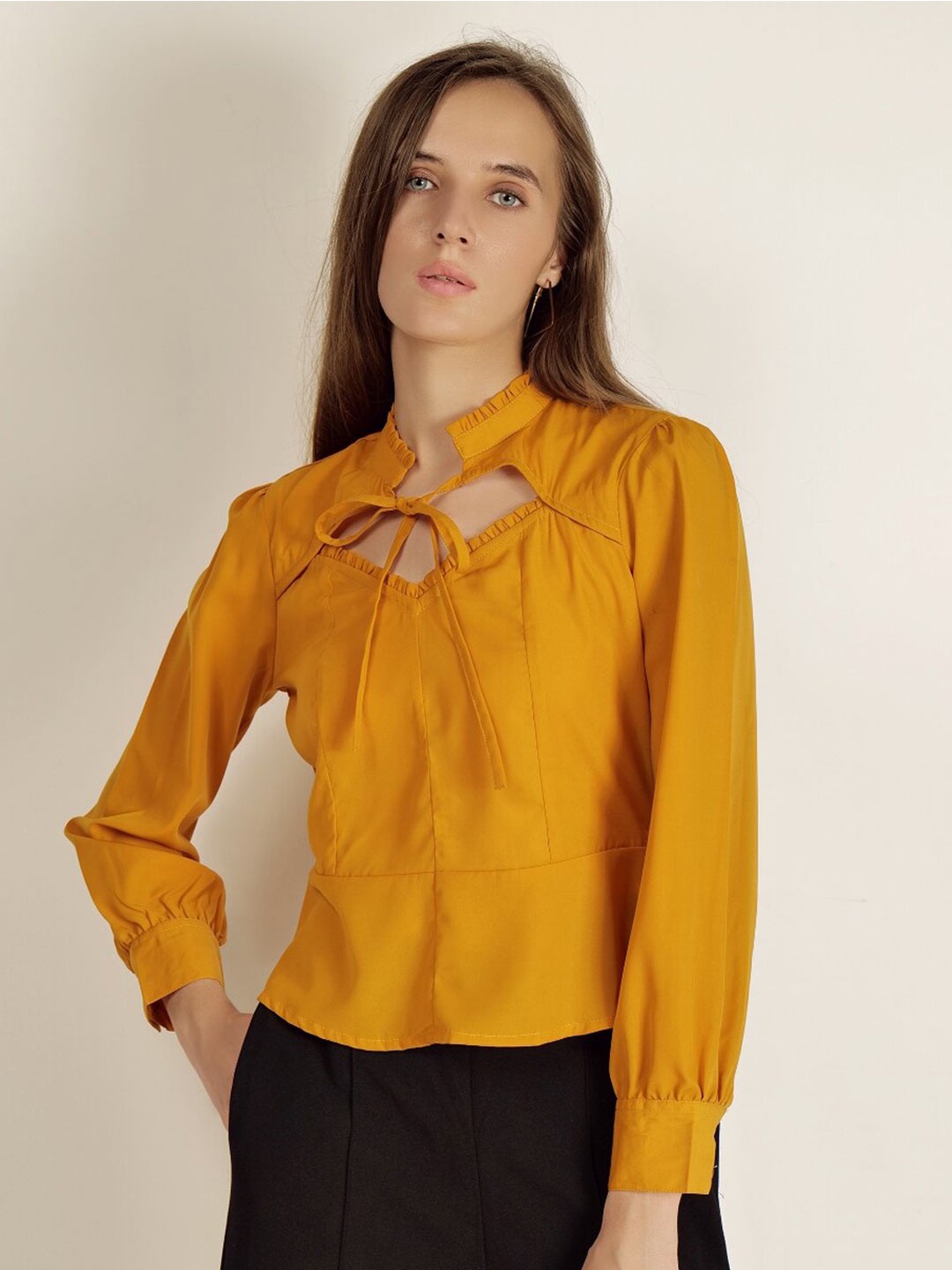 

INVICTUS Tie-Up Neck Cuffed Sleeves Top, Mustard