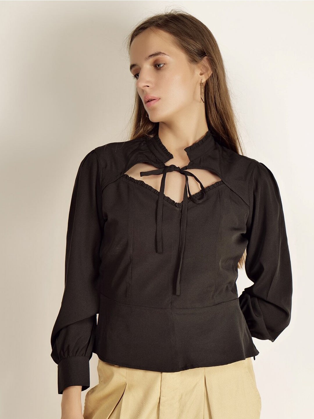 

INVICTUS Tie-Up Neck Cuffed Sleeves Top, Black