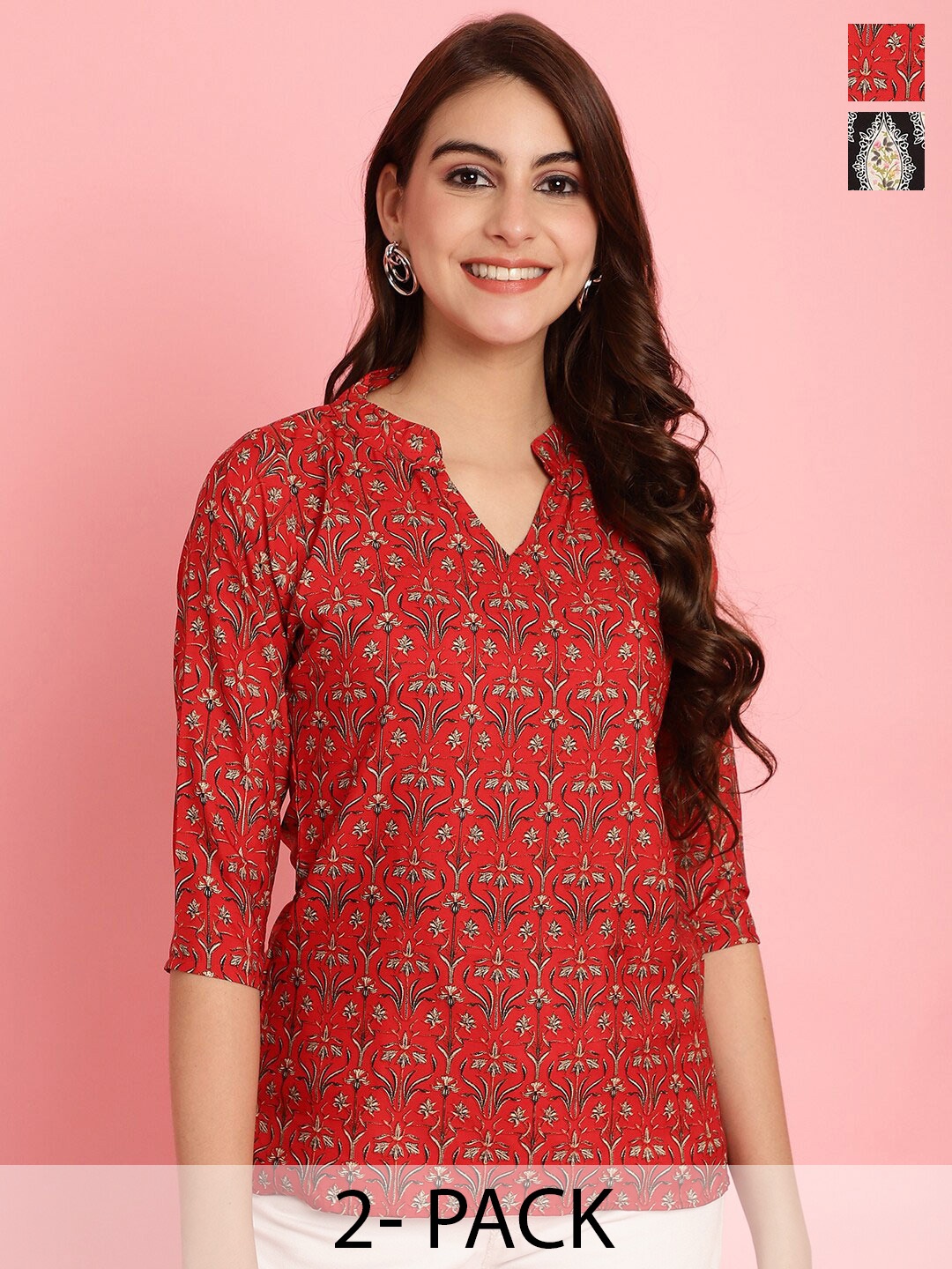 

Poshyaa Pack Of 2 Ethnic Motifs Printed Mandarin Collar Crepe Tops, Red