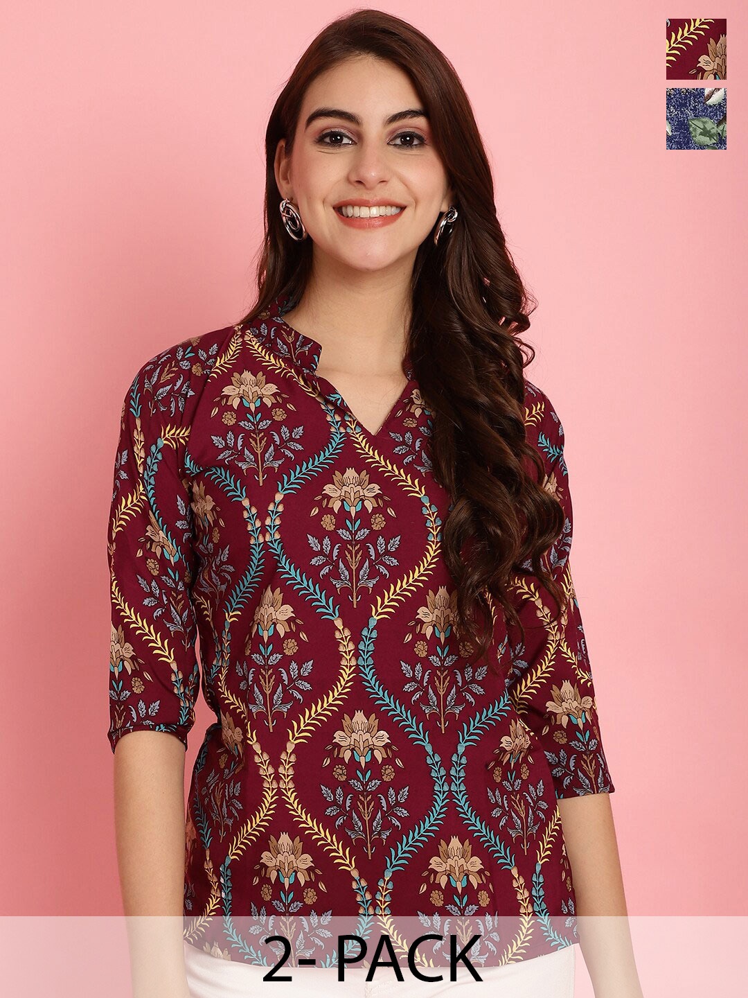 

Poshyaa Pack Of 2 Ethnic Motifs Printed Mandarin Collar Crepe Tops, Maroon