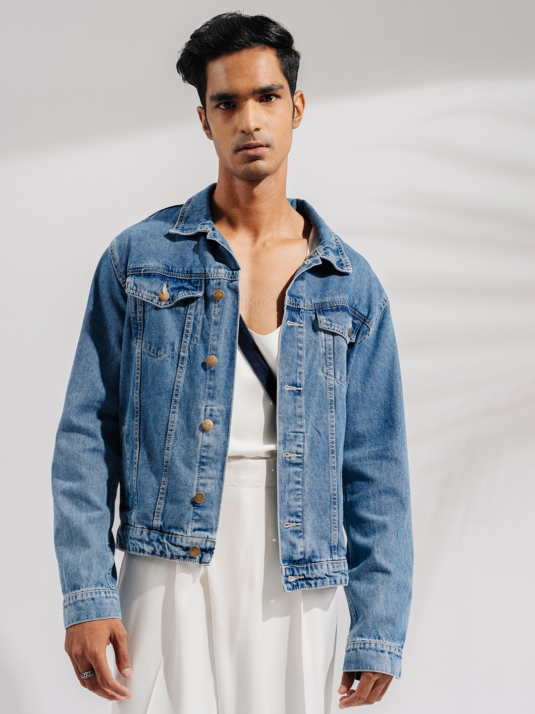 

FREAKINS Light Towel Basic Pure Cotton Denim Jacket, Blue