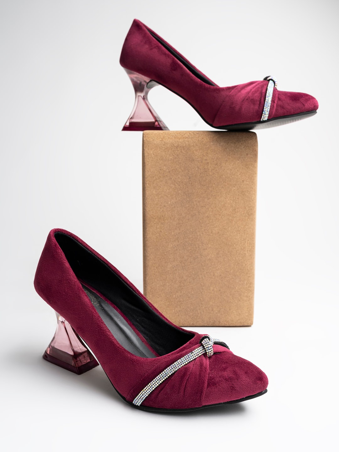 

Stylestry Embellished Suede Block Heel Pumps, Maroon