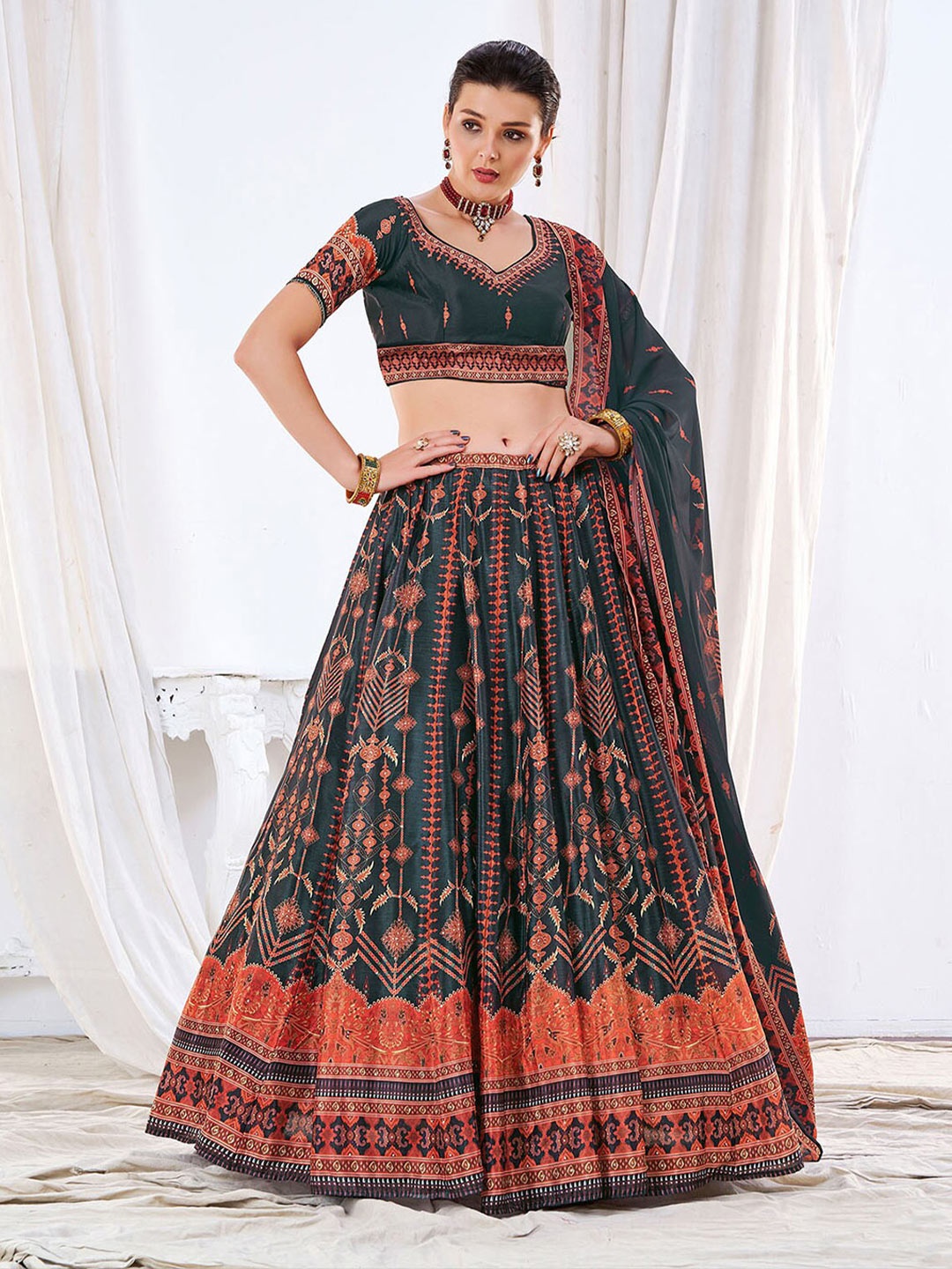 

ODETTE Floral Printed Semi-Stitched Sequinned Lehenga & Unstitched Blouse With Dupatta, Green