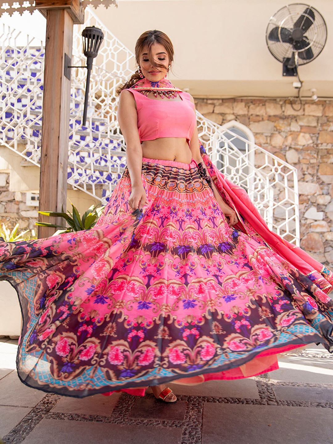 

ODETTE Ethnic Motifs Printed Semi-Stitched Lehenga & Unstitched Blouse With Dupatta, Pink