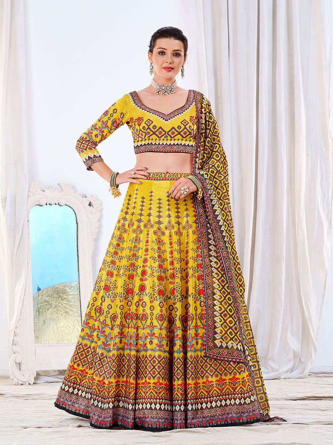 

ODETTE Ethnic Motifs Printed Semi-Stitched Lehenga & Unstitched Blouse With Dupatta, Yellow