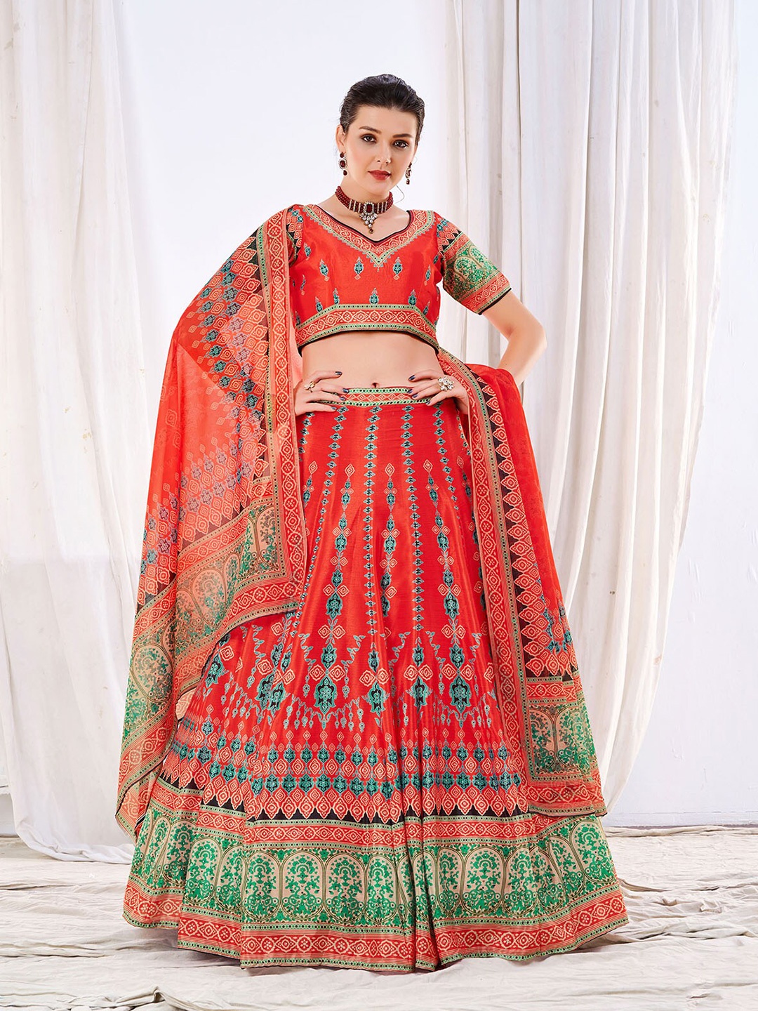 

ODETTE Ethnic Motifs Printed Semi-Stitched Lehenga & Unstitched Blouse With Dupatta, Red