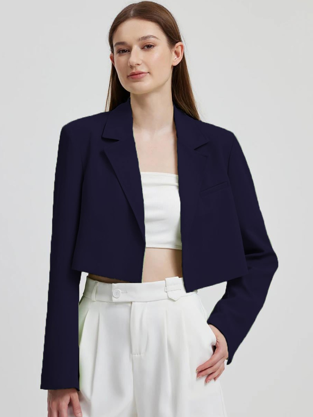 

Kotty Navy Blue Crop Notched Lapel Collar Regular Fit Blazer