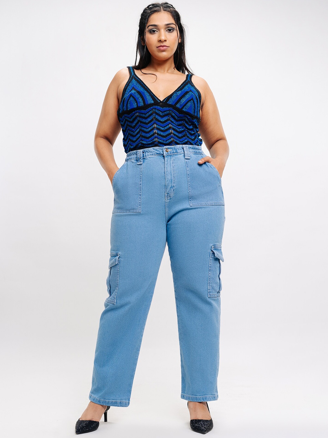 

FREAKINS Women Plus Size Straight Fit High-Rise Denim Cargos, Blue