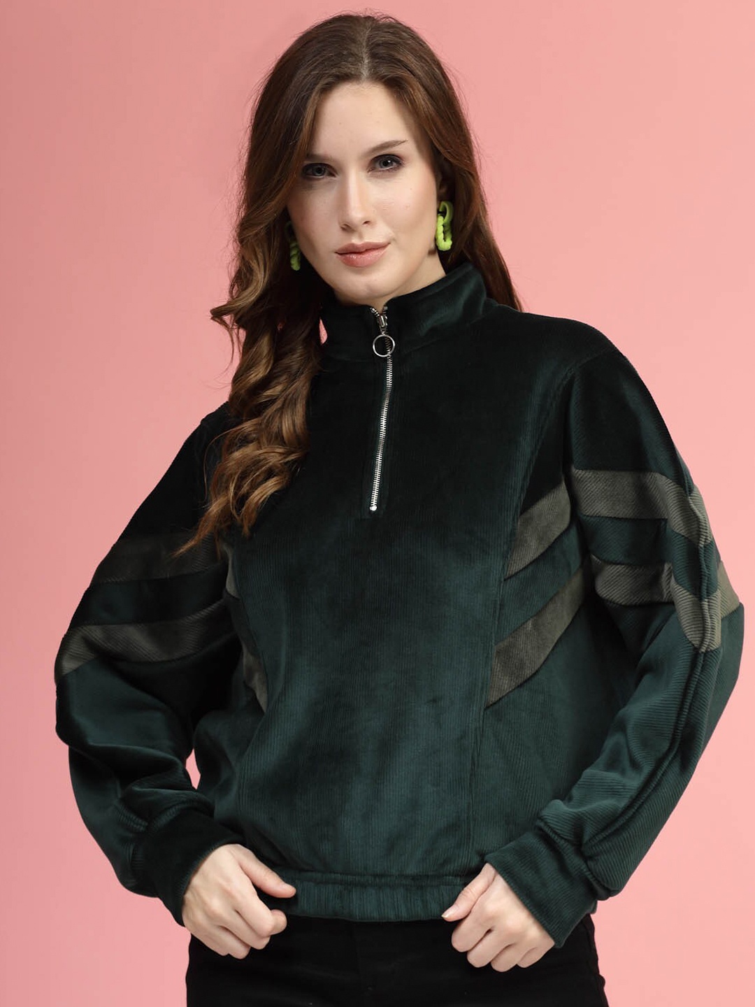 

plusS Green Mock Collar Long Sleeves Pullover Sweatshirt