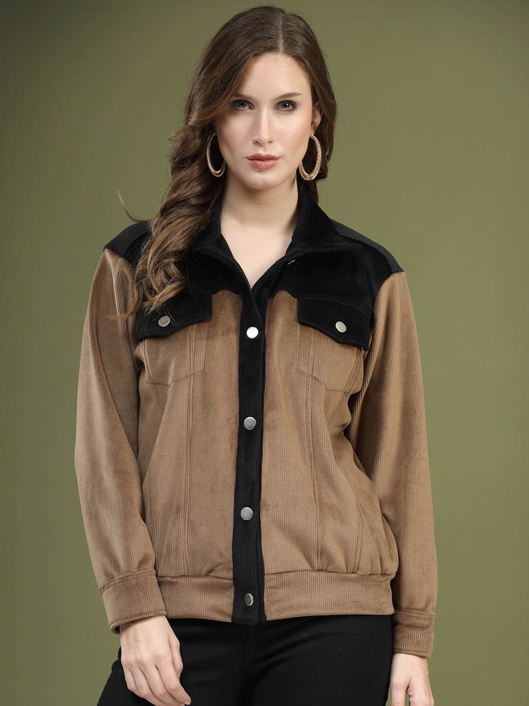 

plusS Brown Self Design Spread Collar Bomber Jacket