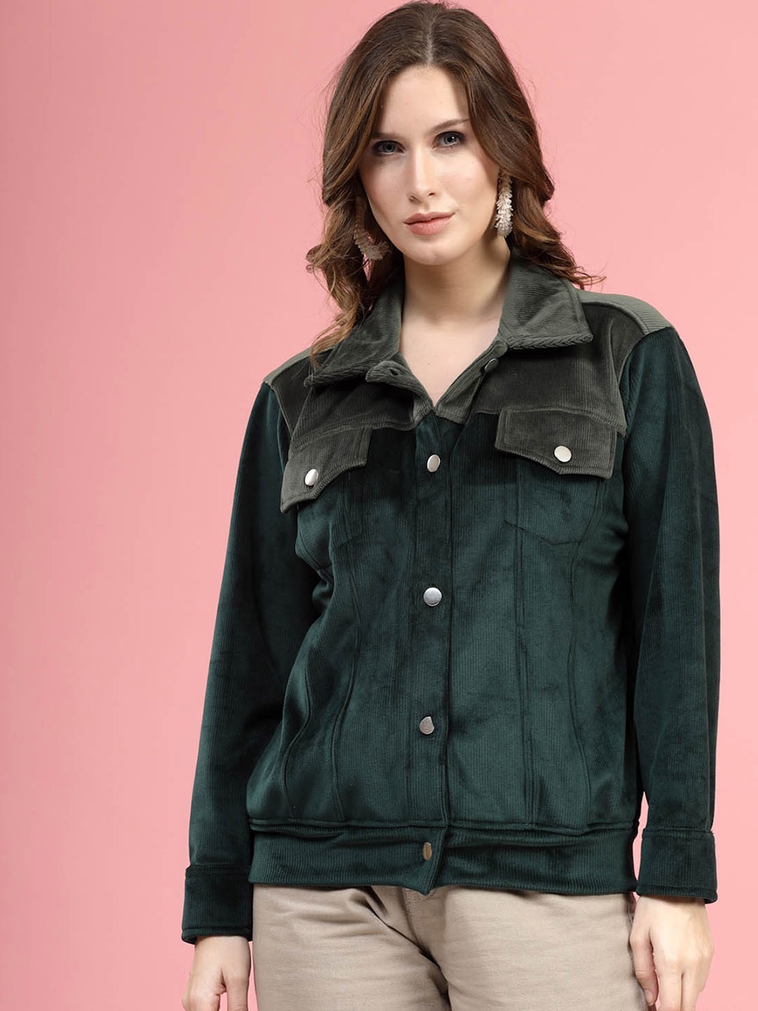 

plusS Green Self Design Spread Collar Bomber Jacket