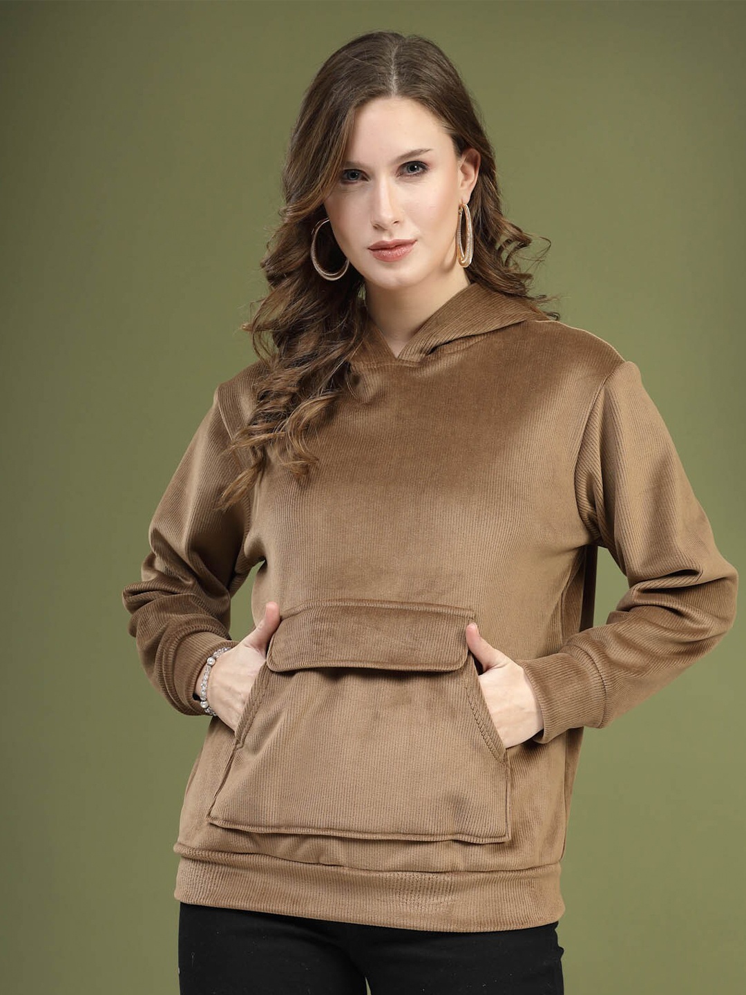 

plusS Brown Hooded Long Sleeves Pullover Sweatshirt