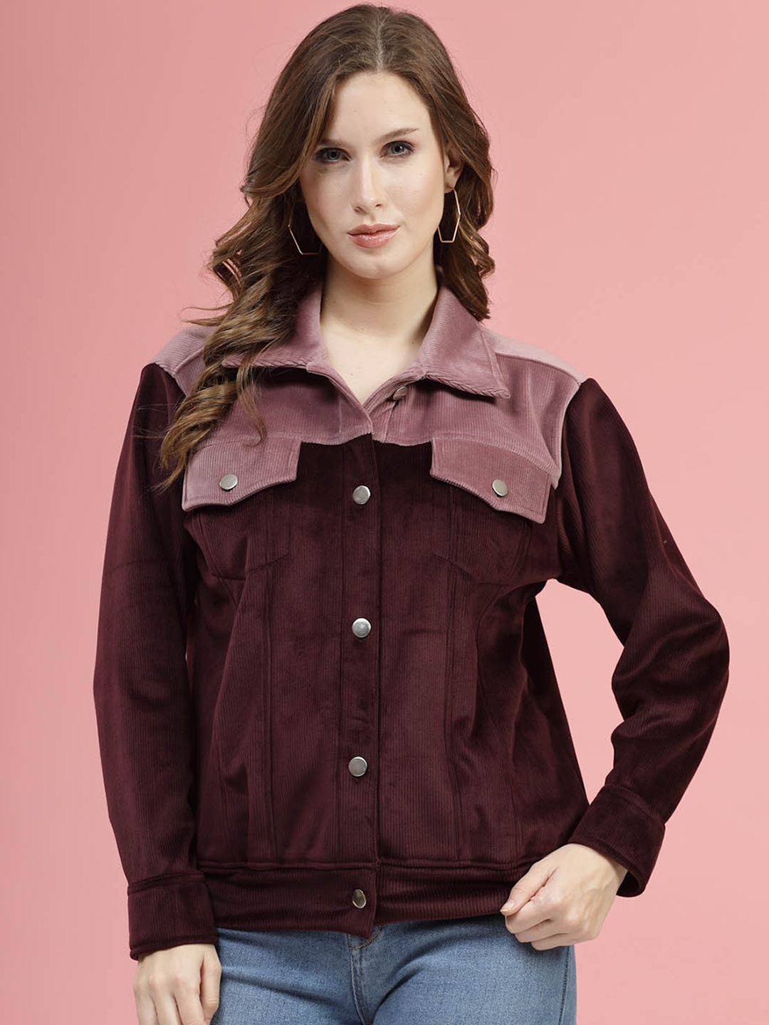 

plusS Maroon Self Design Spread Collar Bomber Jacket