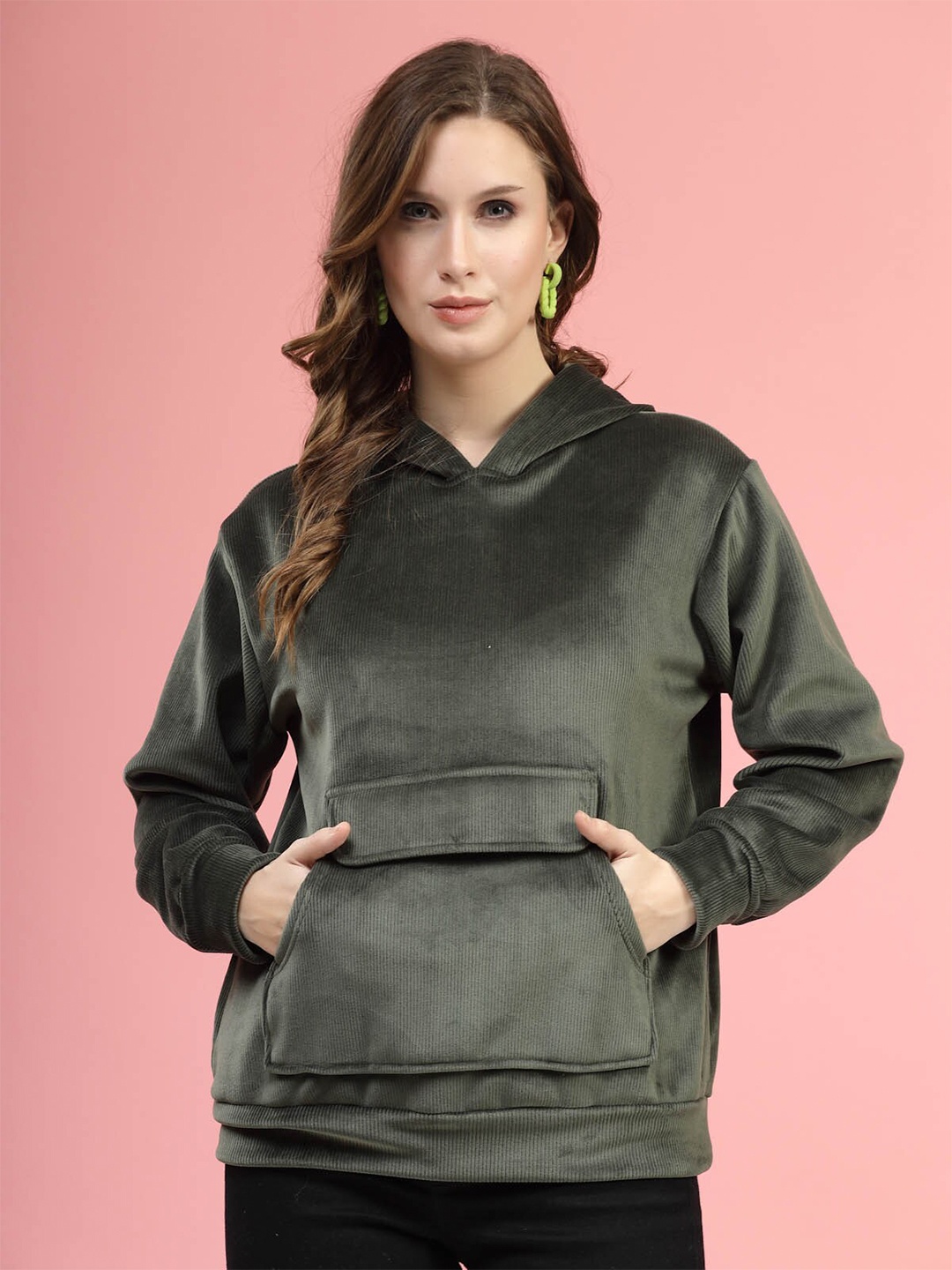 

plusS Hooded Long Sleeves Pullover Sweatshirt, Olive