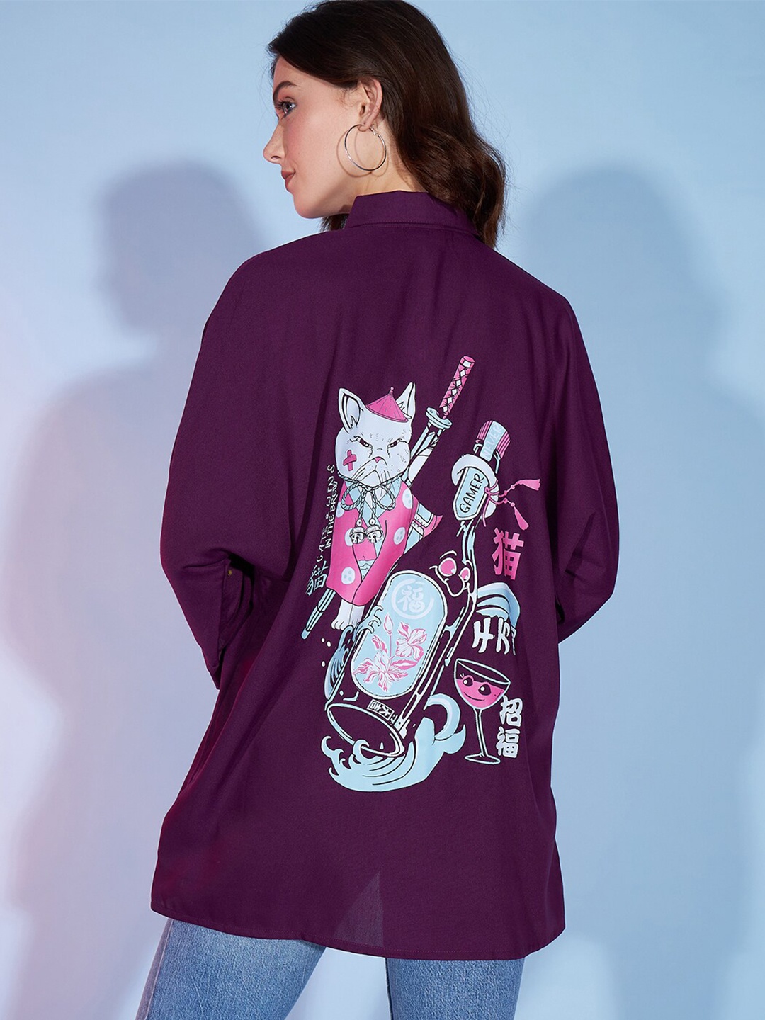 

DressBerry Purple & Sea Green Graphic Printed Oversized Casual Shirt