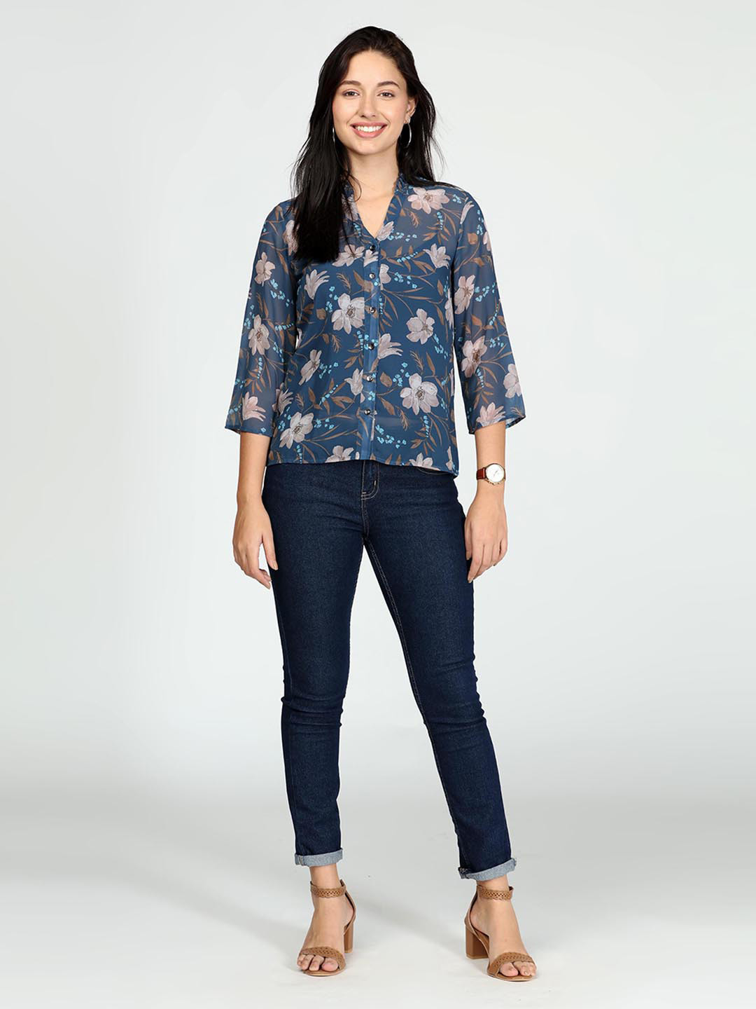 

IDK Floral Printed V-Neck Shirt Style Top, Blue