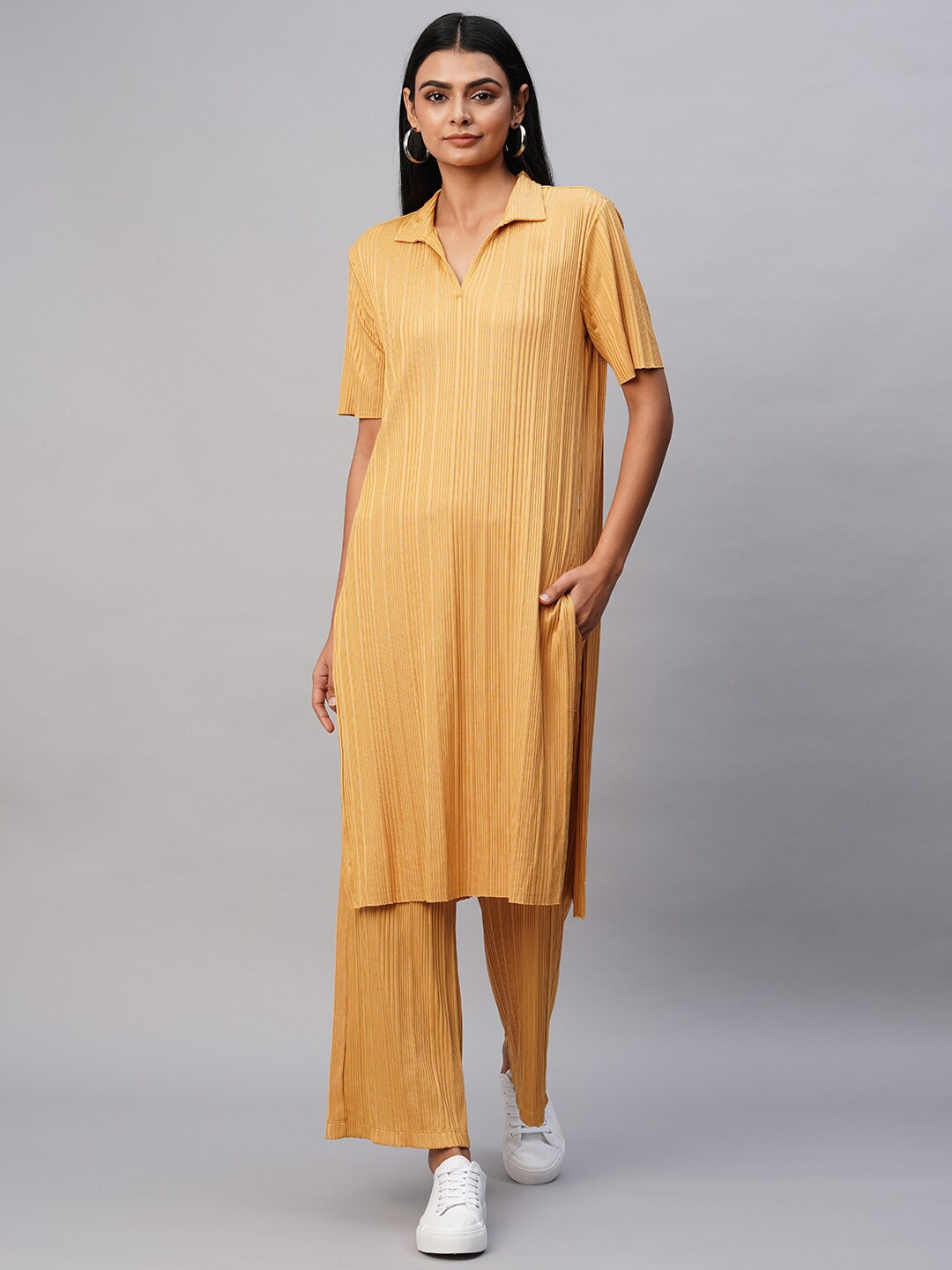 

Chemistry Ribbed Knit Self Design Shirt Collar Kurta with Palazzos, Mustard