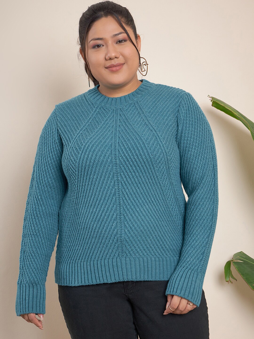 

CURVY STREET Cable Knit Self Design Pullover Acrylic Sweater, Teal