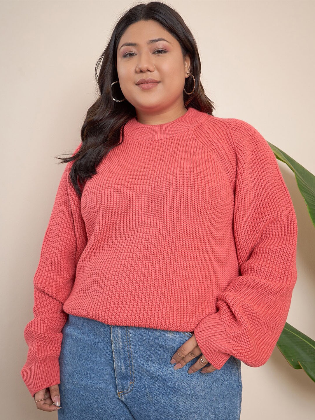 CURVY STREET Plus Size Round Neck Acrylic Pullover, Coral