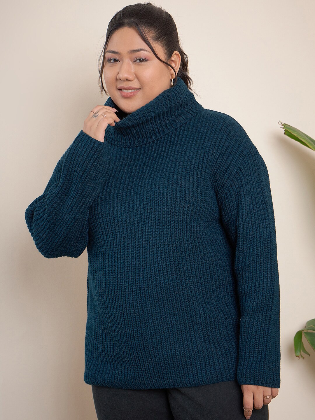 

CURVY STREET Plus Size Ribbed Turtle Neck Acrylic Pullover, Teal