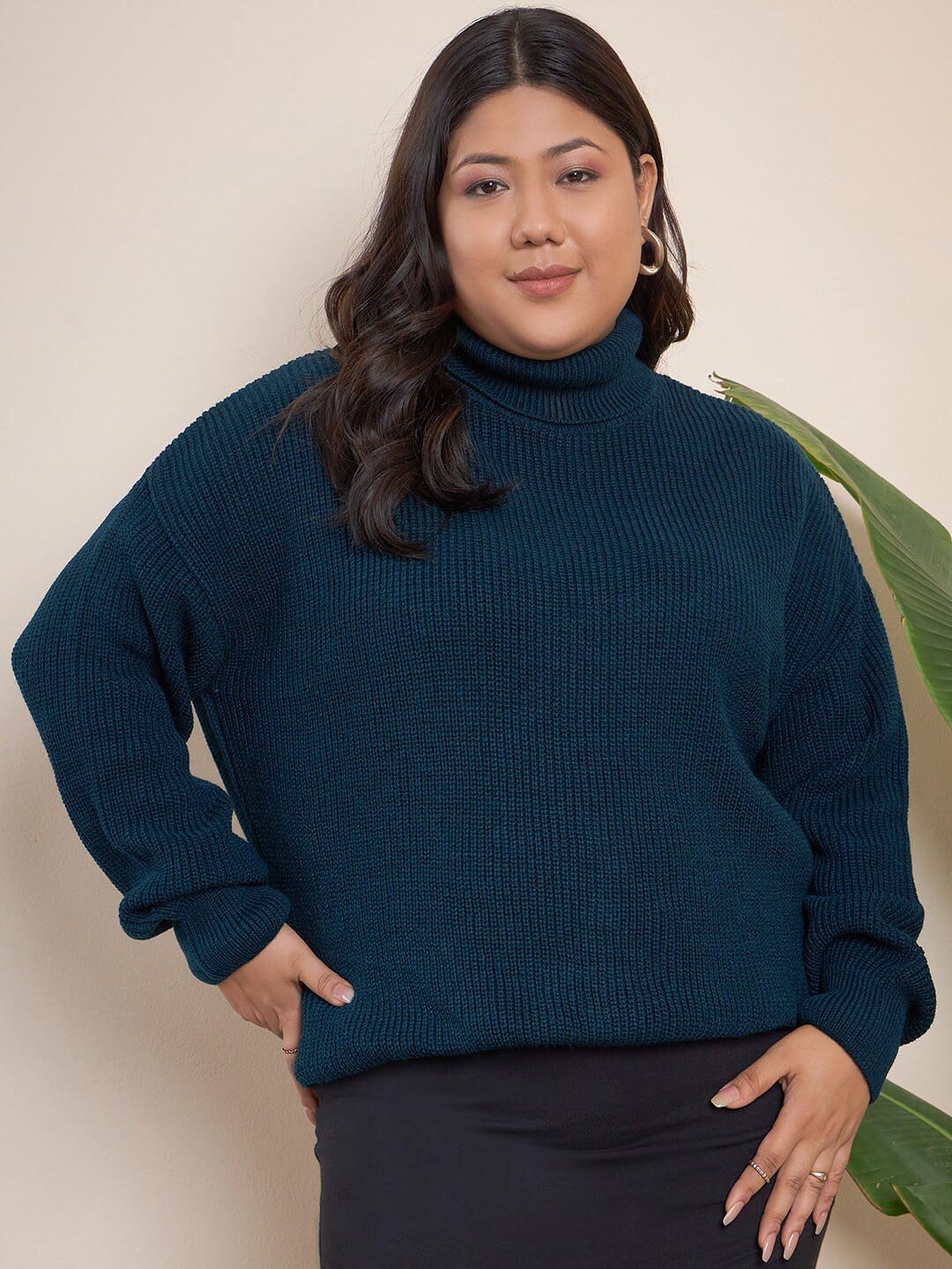 

CURVY STREET Plus Size Ribbed Turtle Neck Acrylic Pullover, Teal