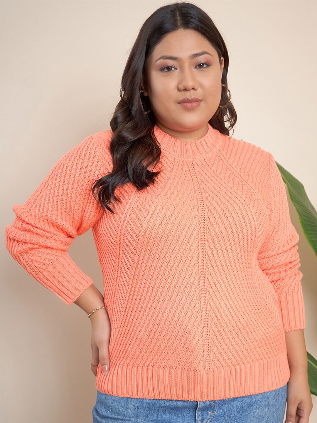 

CURVY STREET Plus Size Geometric Self Design Pure Acrylic Pullover, Peach