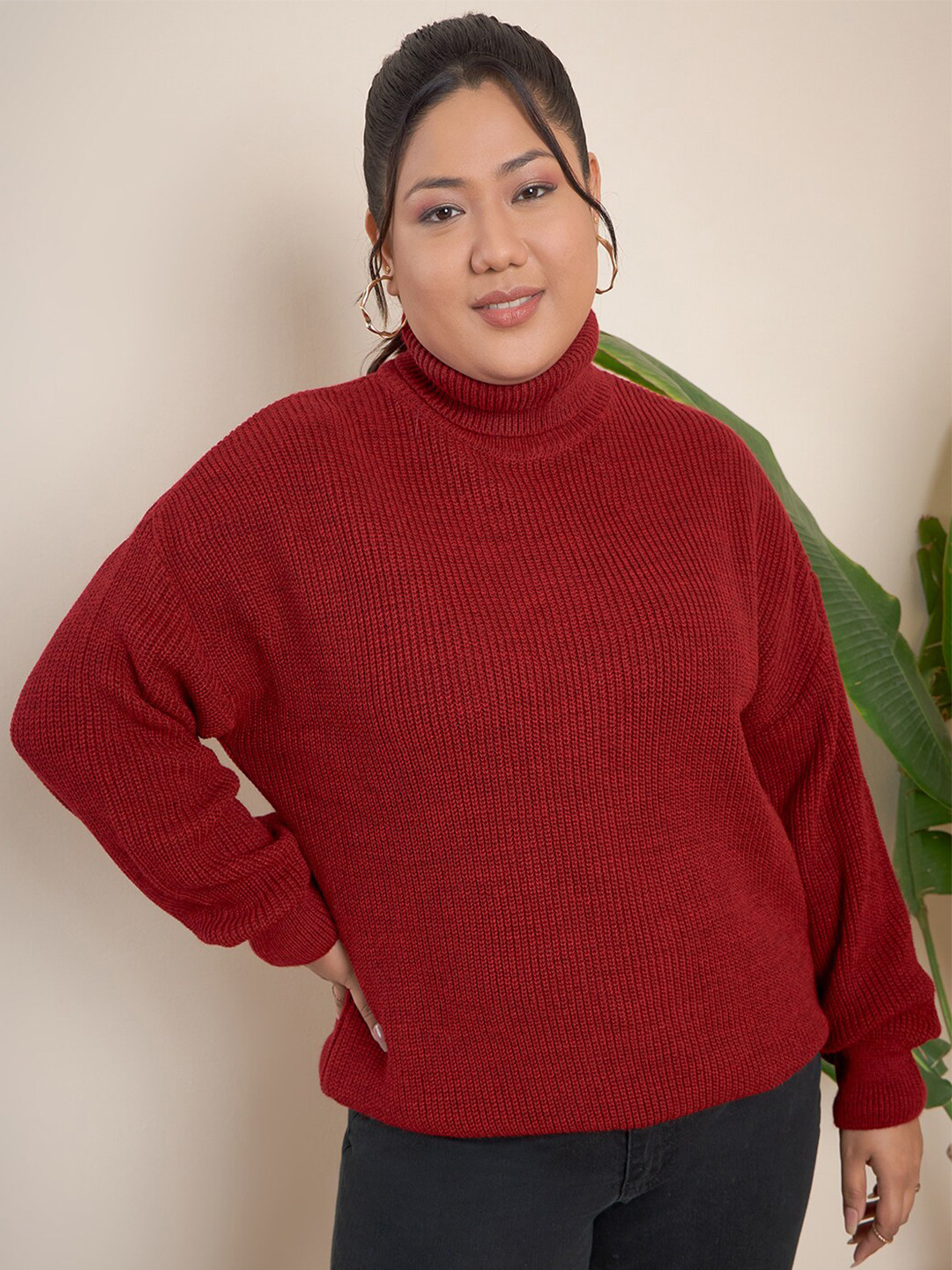 

CURVY STREET Plus Size Ribbed Turtle Neck Pure Acrylic Pullover, Red