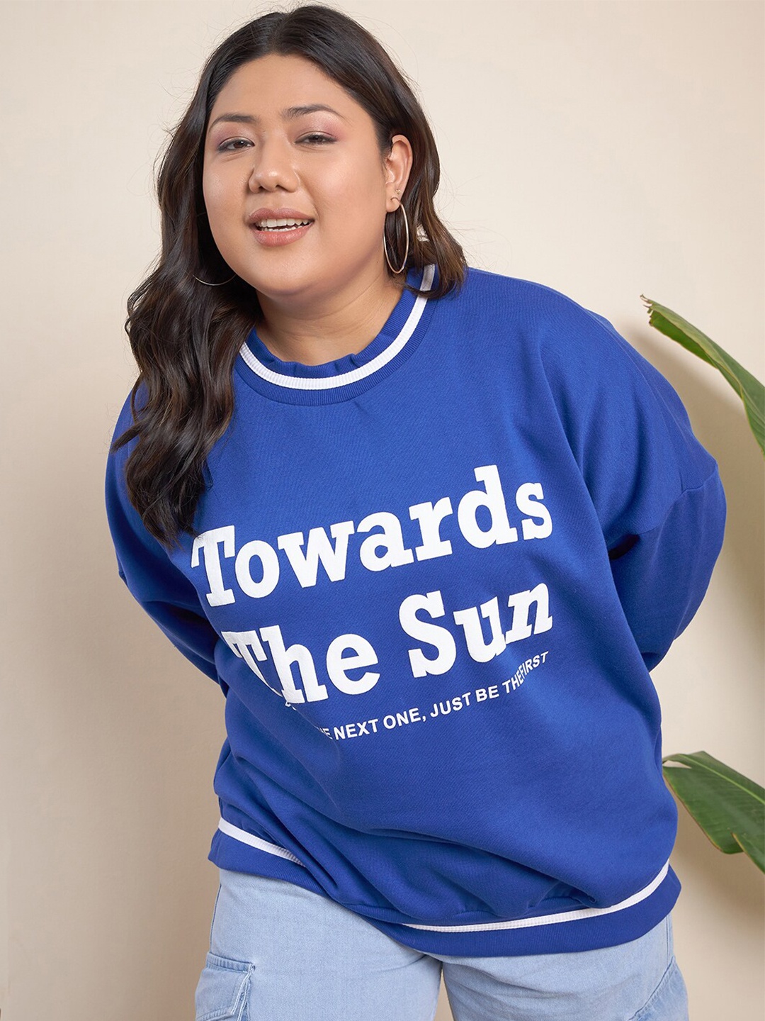 

CURVY STREET Plus Size Typography Printed Pure Cotton Pullover, Blue