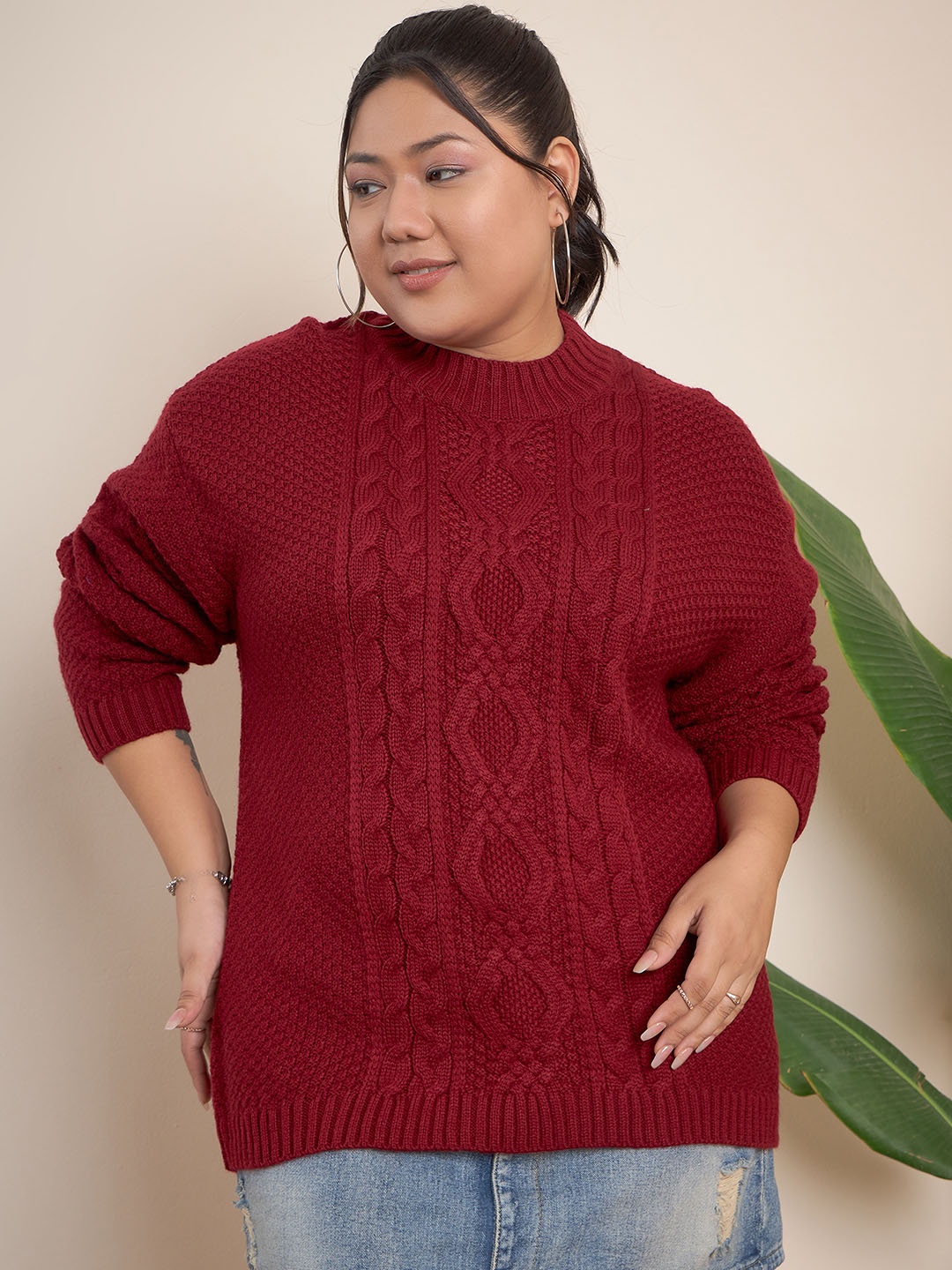 

CURVY STREET Plus Size Ribbed Turtle Neck Pure Acrylic Pullover, Maroon