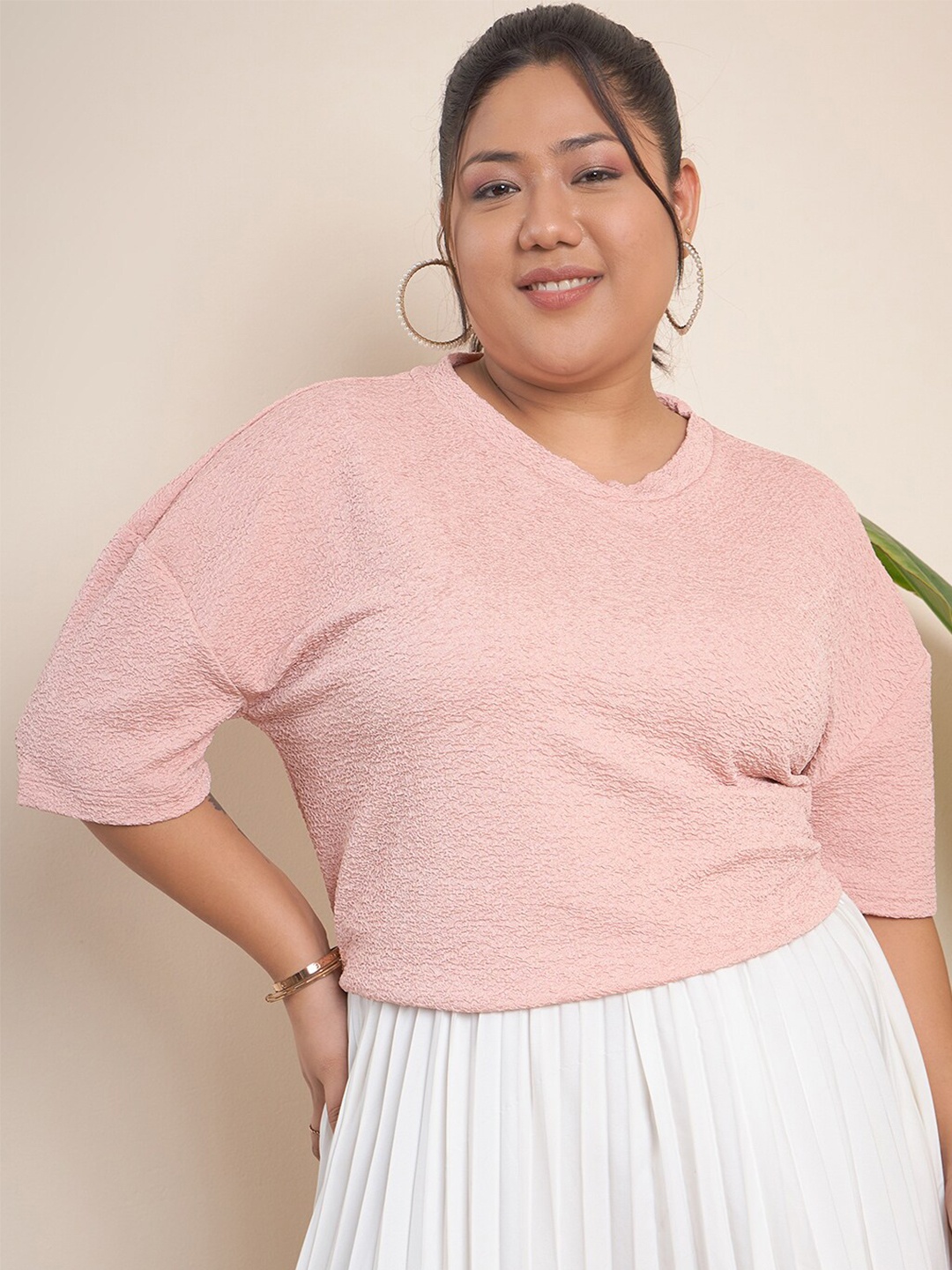 

CURVY STREET Drop Shoulder Sleeves Top, Pink