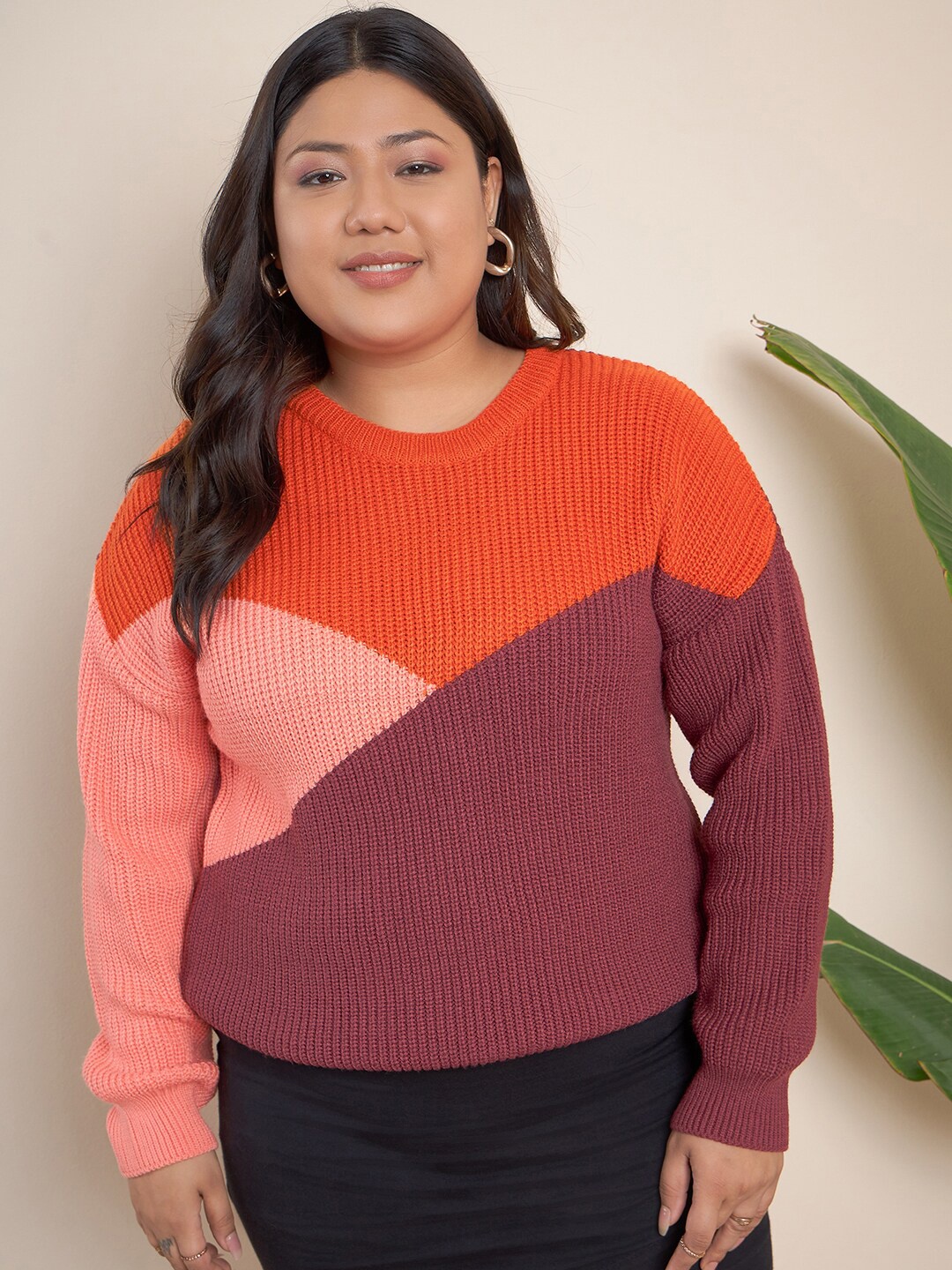 

CURVY STREET Plus Size Colourblocked Acrylic Pullover, Purple