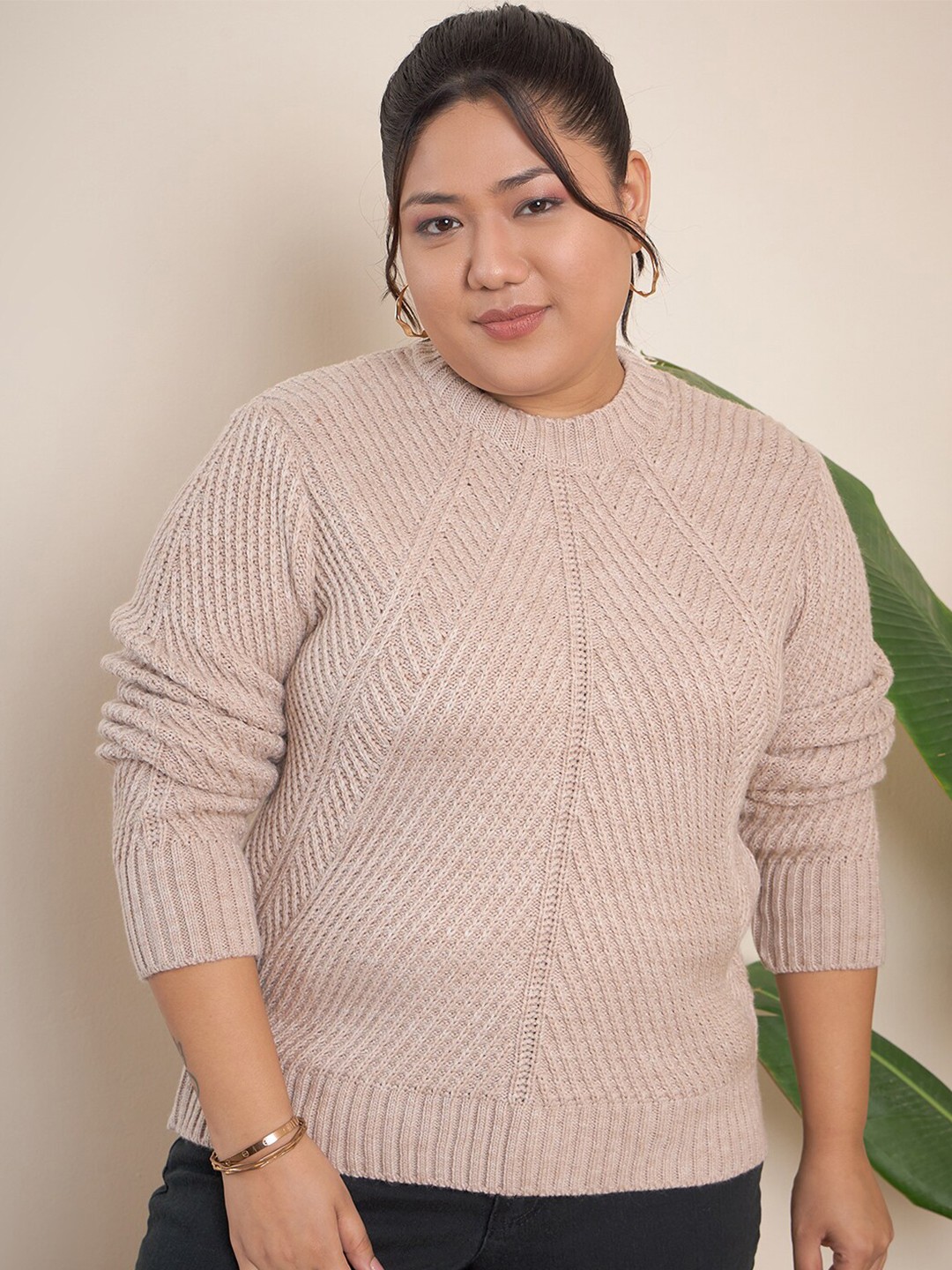 

CURVY STREET Cable Knit Self Design Pullover Acrylic Sweater, Beige