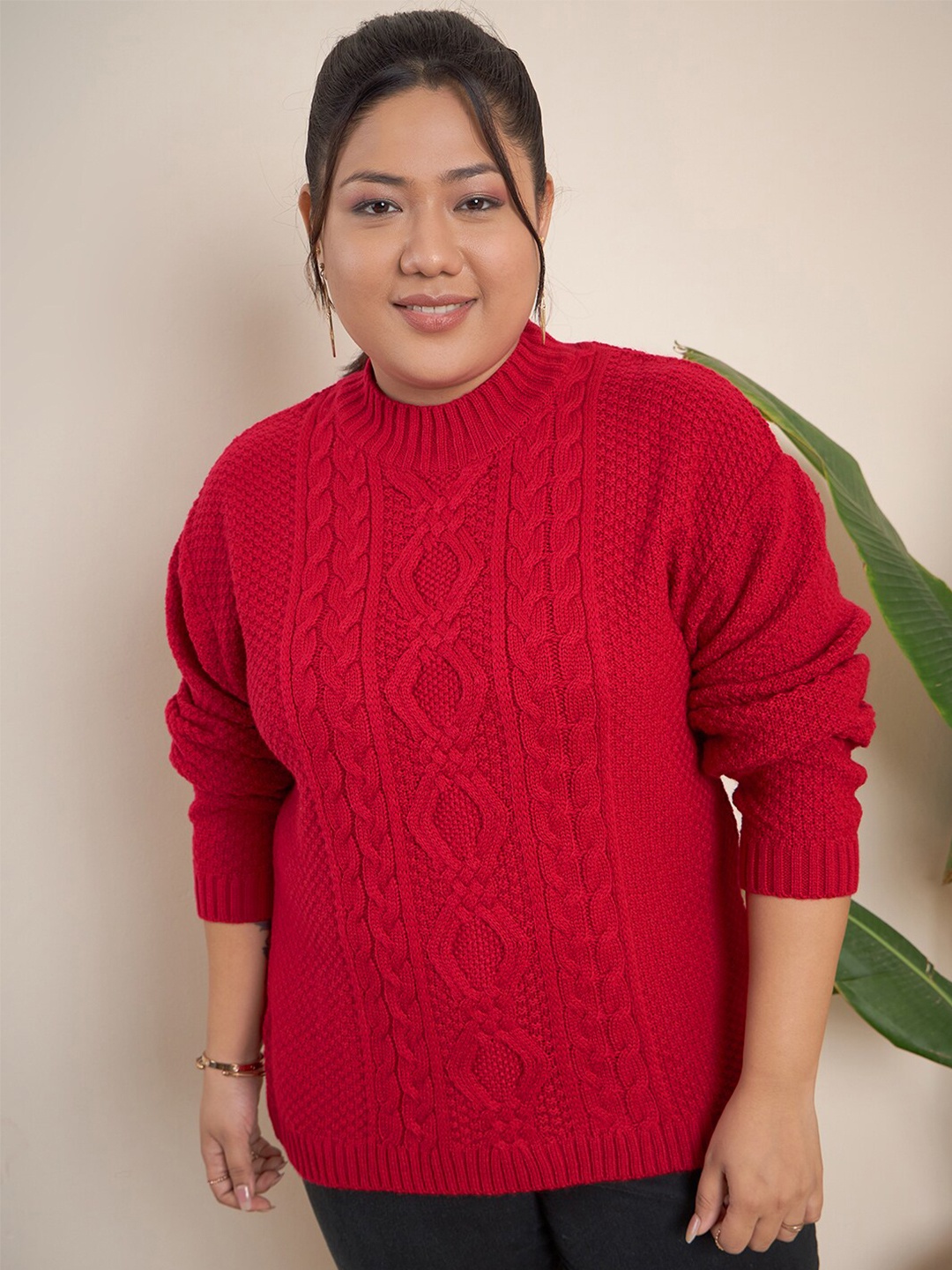 

CURVY STREET Plus Size Cable Knit Self Design Acrylic Pullover, Red
