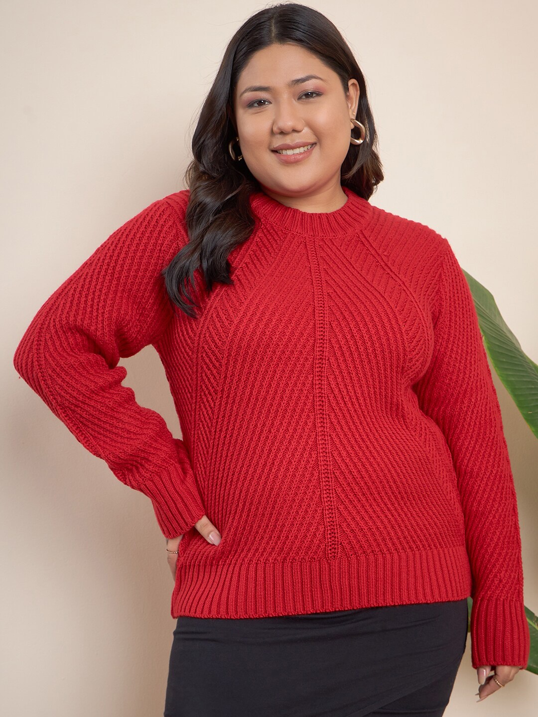 

CURVY STREET Plus Size Geometric Self Design Pure Acrylic Pullover, Red