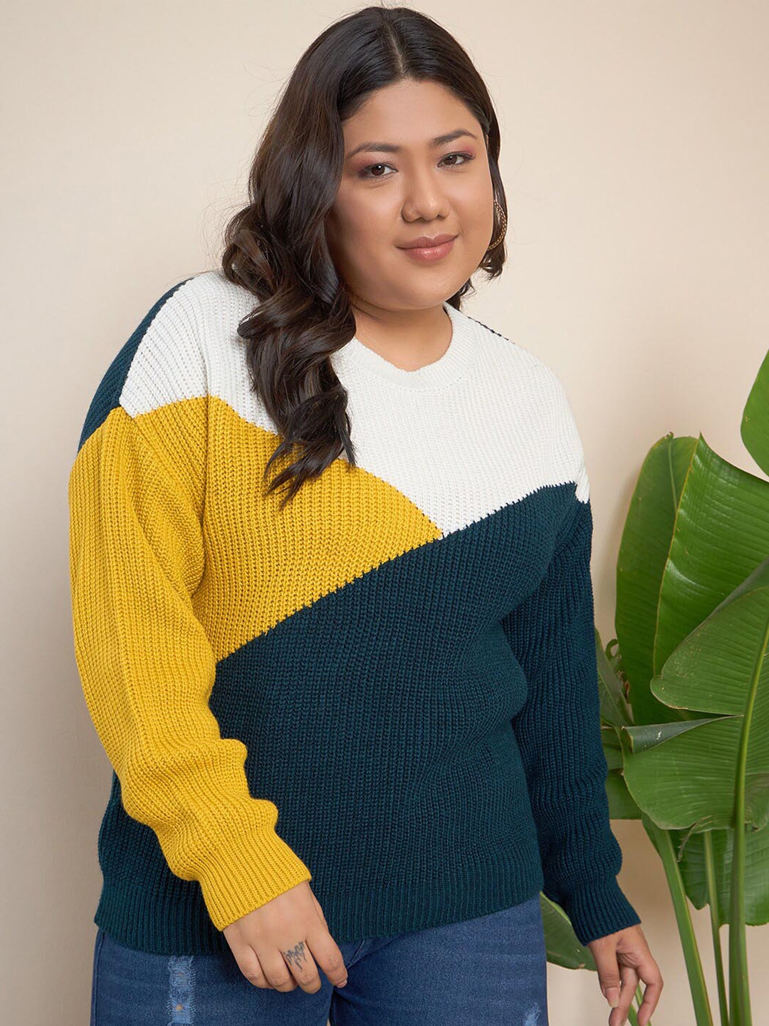 

CURVY STREET Plus Size Colourblocked Pure Acrylic Pullover, White