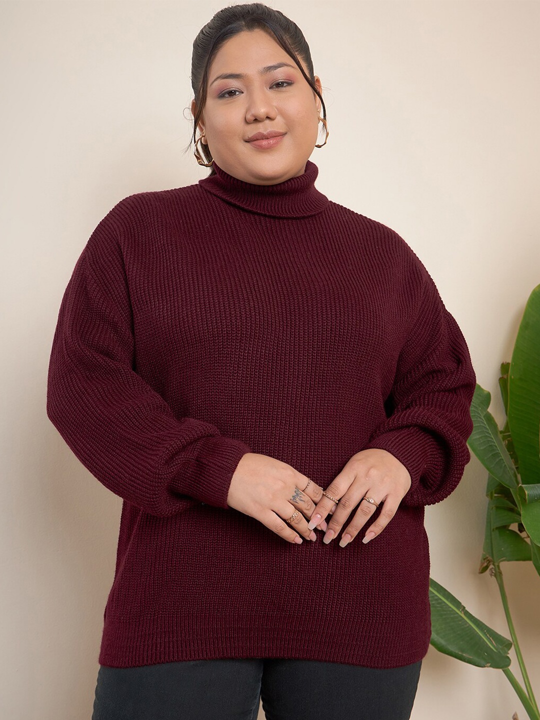 

CURVY STREET Cable Knit Turtle Neck Pullover, Maroon