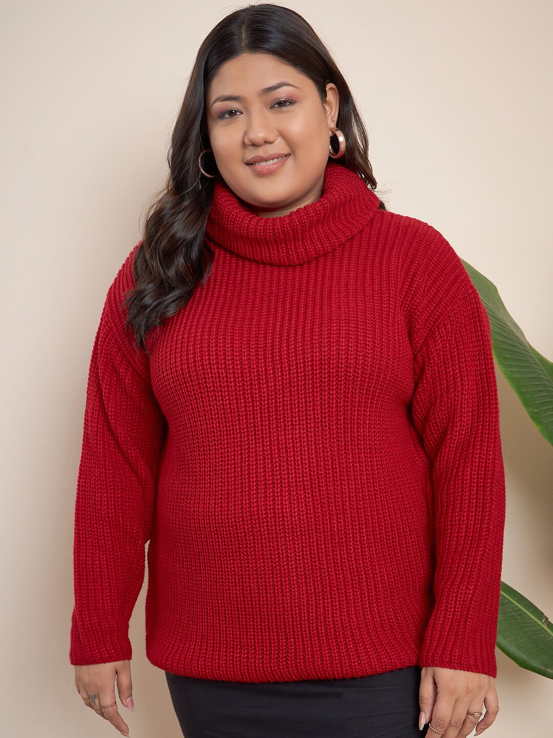 

CURVY STREET Plus Size Ribbed Turtle Neck Pure Acrylic Pullover, Red