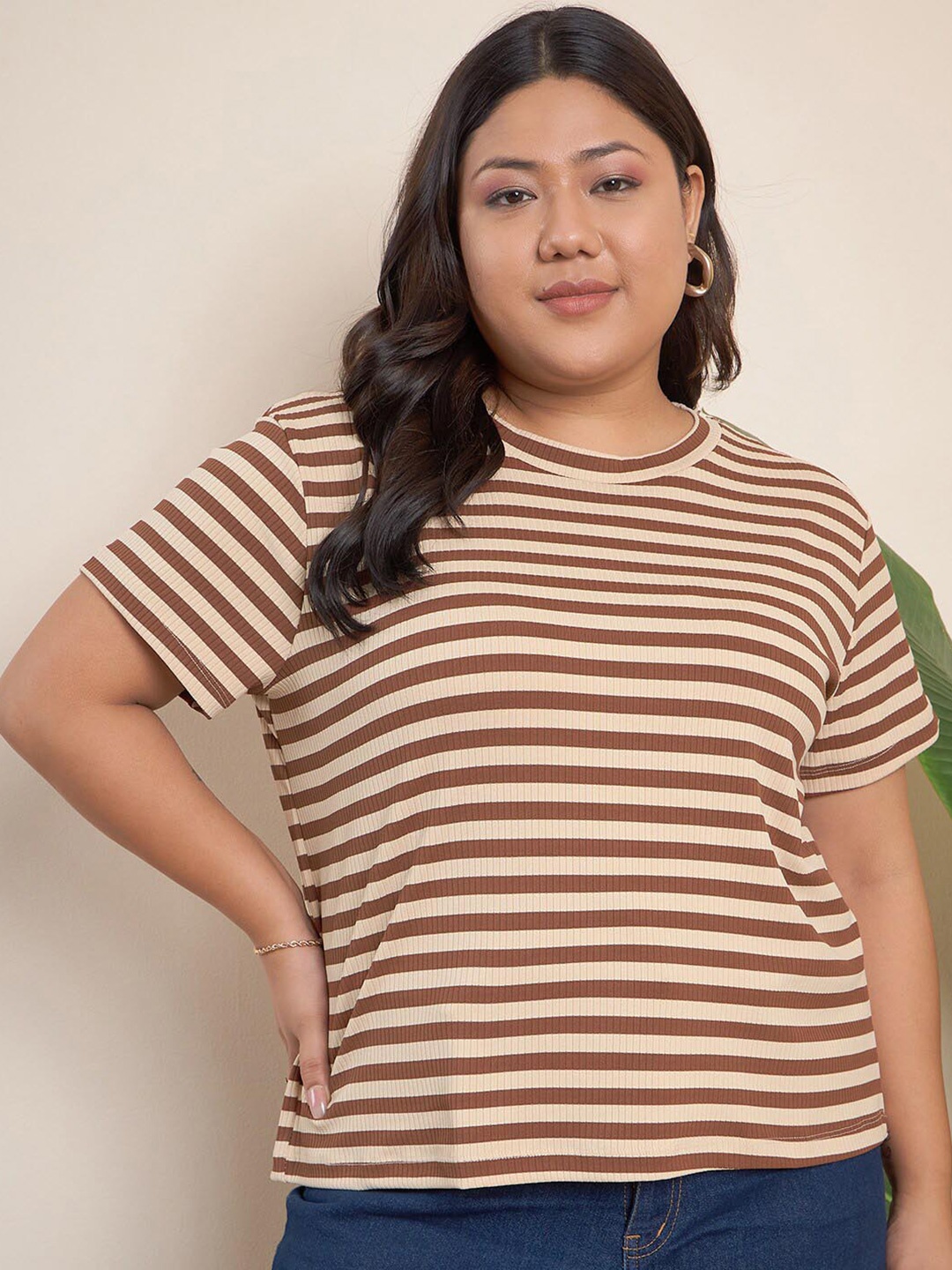 

CURVY STREET Plus Size Striped Regular T-shirt, Brown