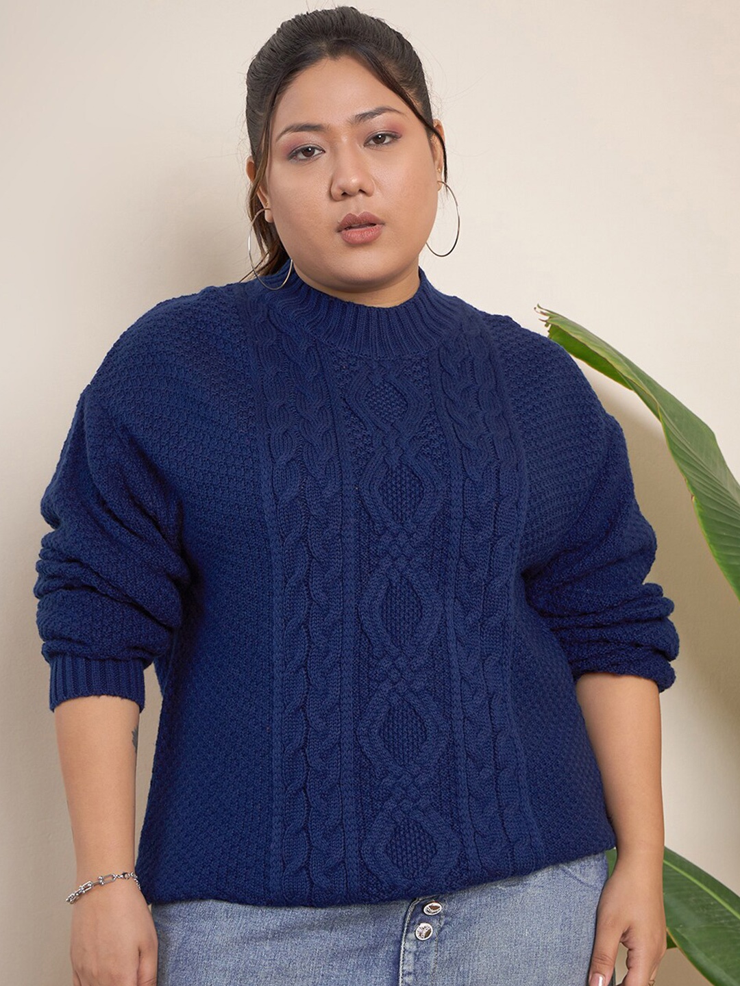 

CURVY STREET Cable Knit Self Design Pullover Acrylic Sweater, Blue