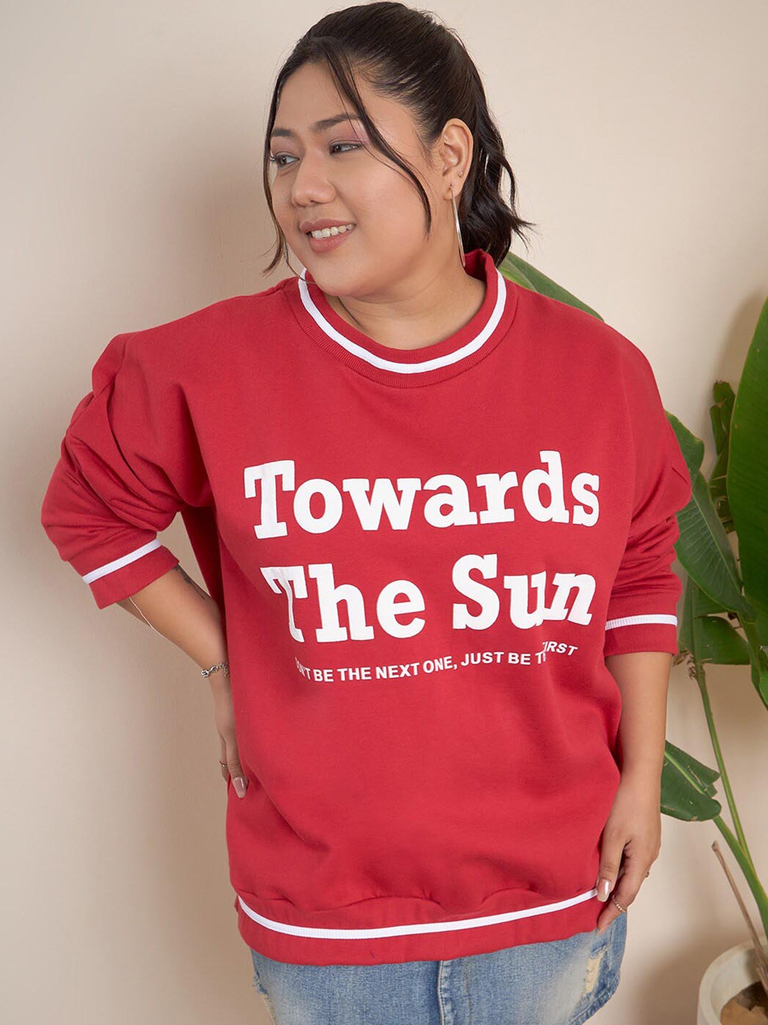 

CURVY STREET Plus Size Typography Printed Pure Cotton Pullover, Red