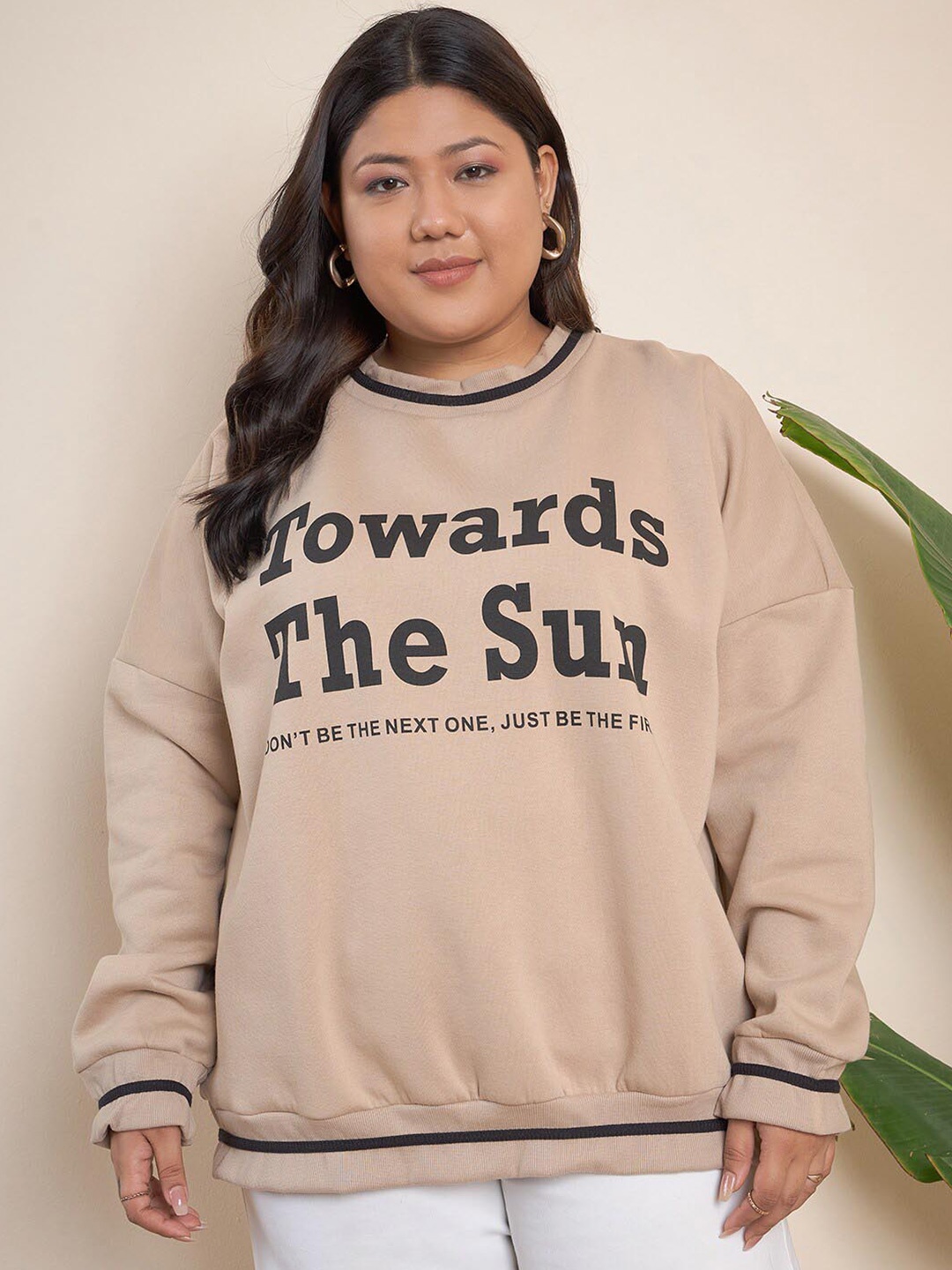 

CURVY STREET Plus Size Typography Printed Ribbed Pure Cotton Sweatshirt, Beige