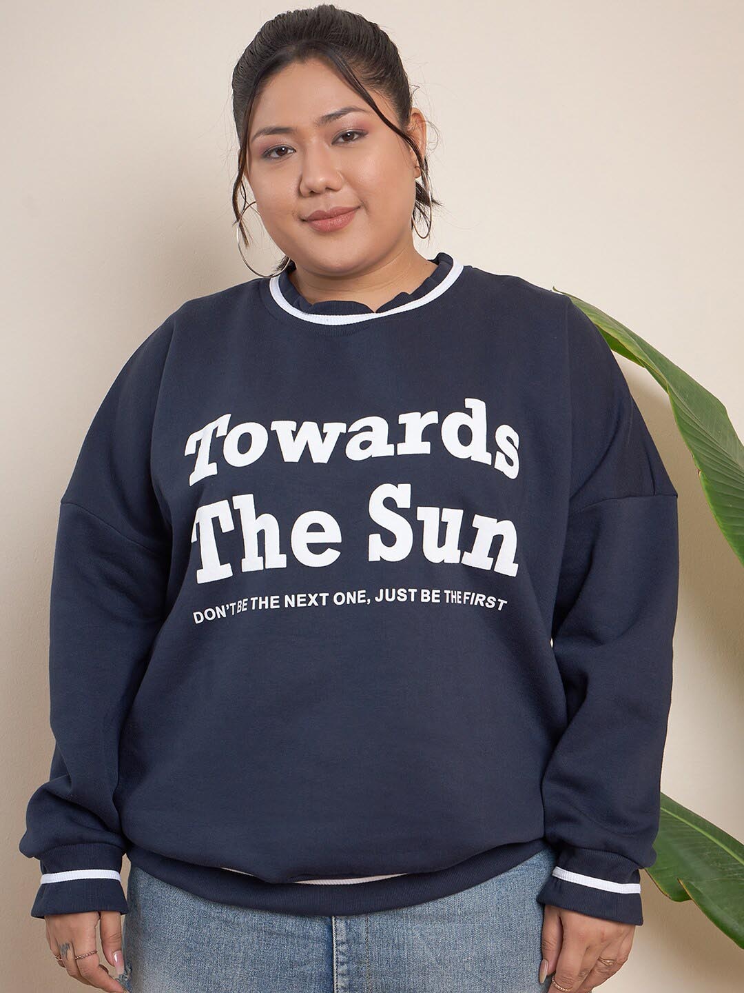 

CURVY STREET Plus Size Typography Printed Pure Cotton Sweatshirt, Navy blue