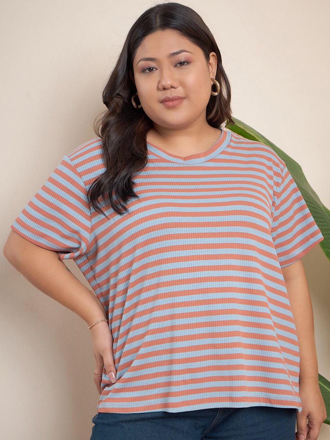 

CURVY STREET Plus Size Striped Regular Top, Maroon