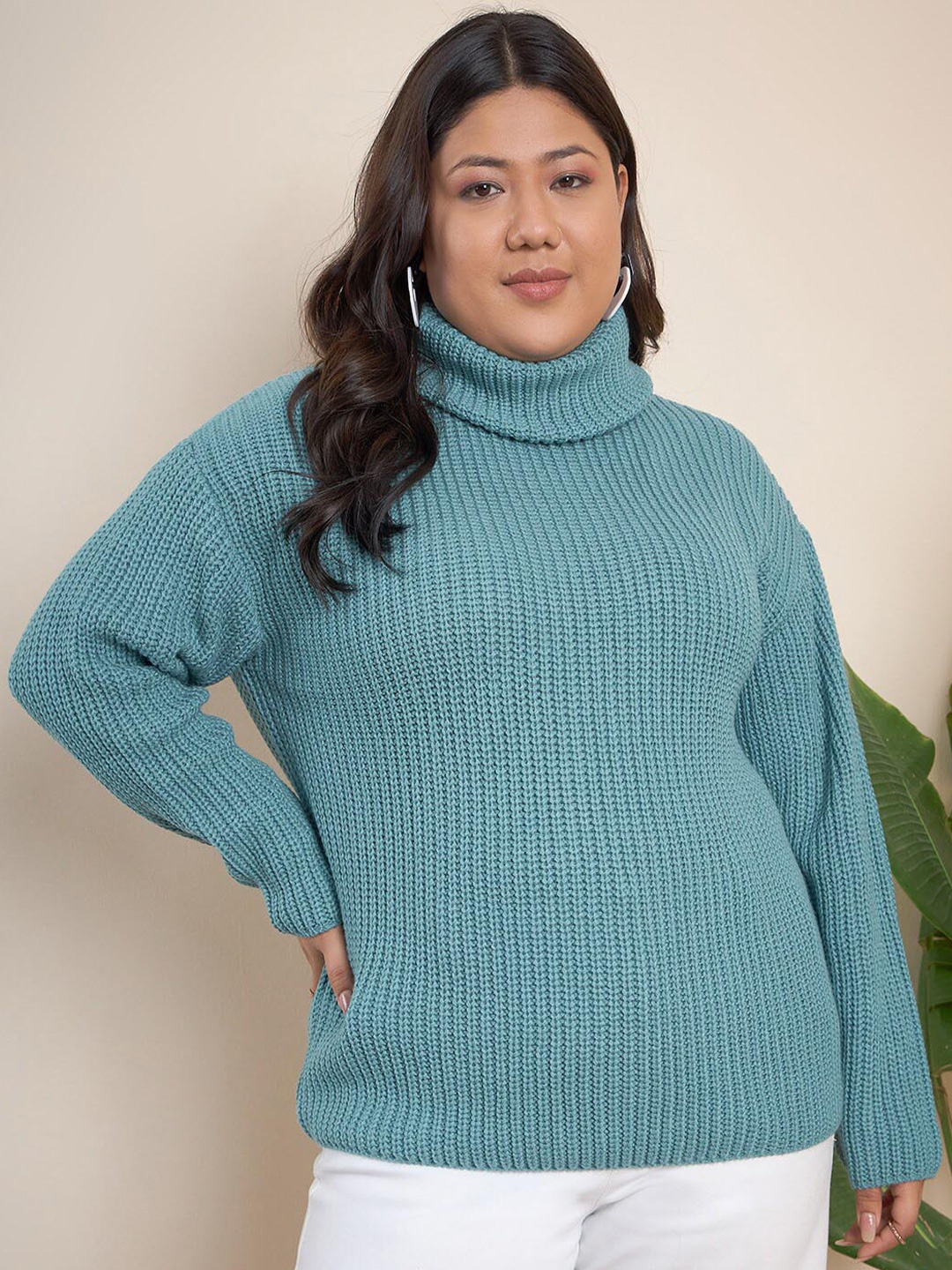 

CURVY STREET Plus Size Ribbed Turtle Neck Pure Acrylic Pullover, Green